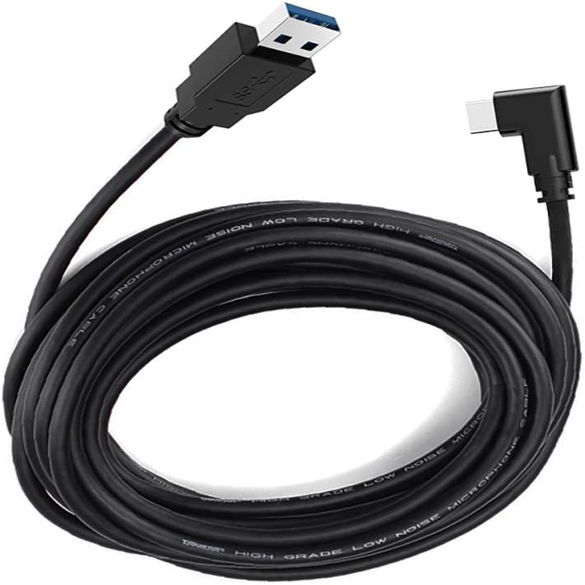 Schwarzes USB-Kabel mit USB- und rechtwinkligem USB-C-Anschluss.