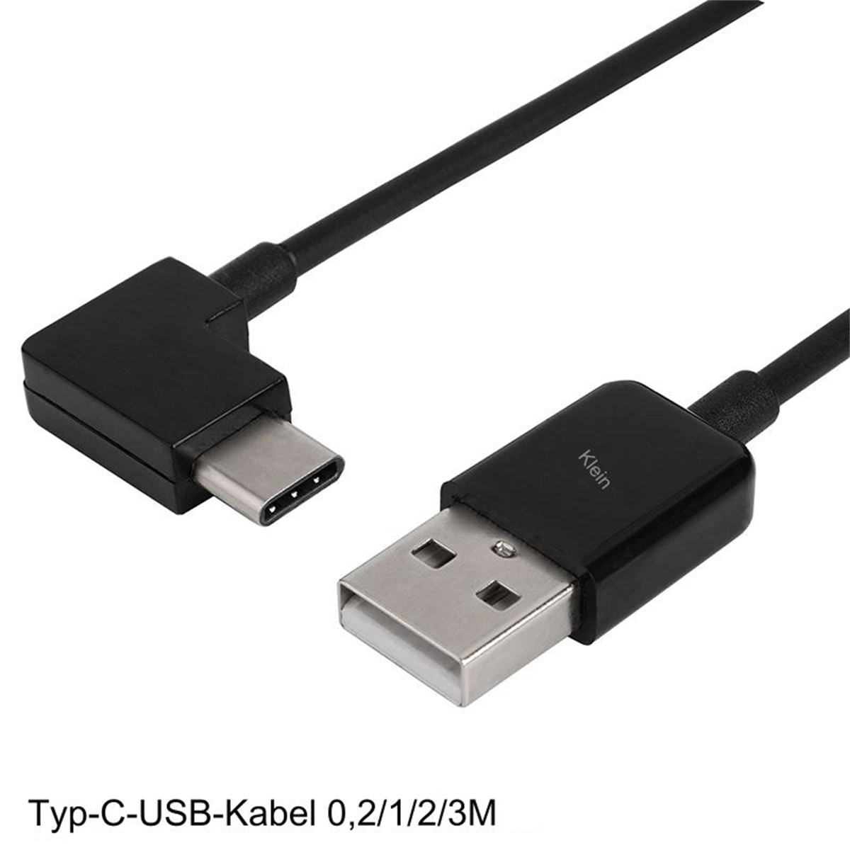 Schwarzes USB-Kabel mit Typ-C- und USB-Anschluss. Weißer Hintergrund.
