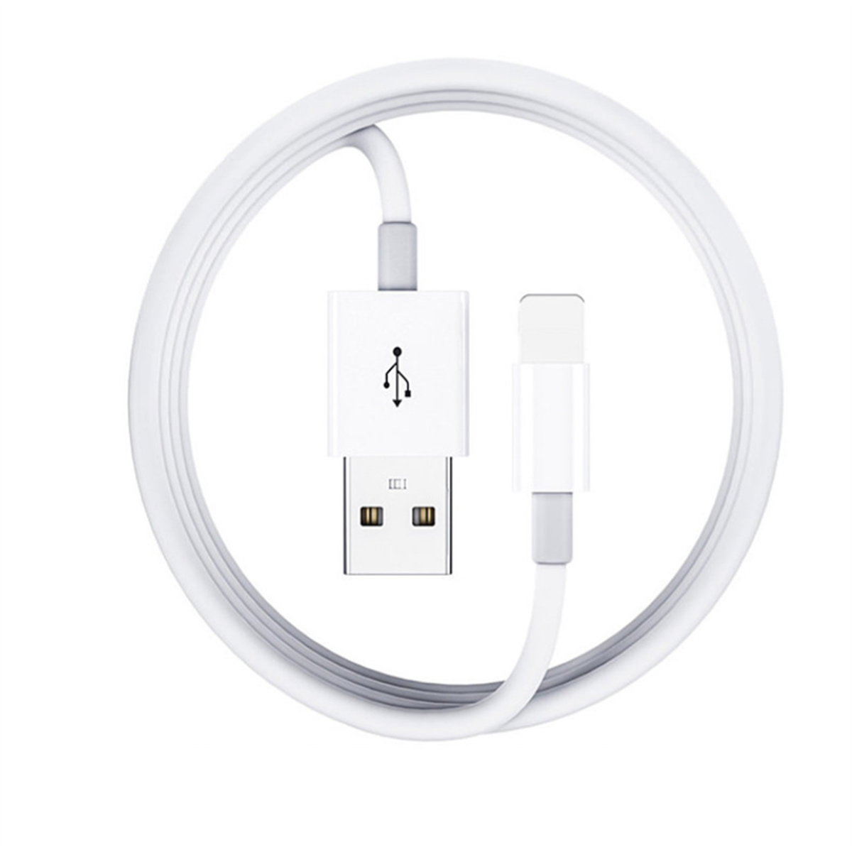 Ein weißes USB-Kabel mit USB-Anschluss und Lightning-Anschluss. Das Kabel ist aufgerollt. Weißer Hintergrund.