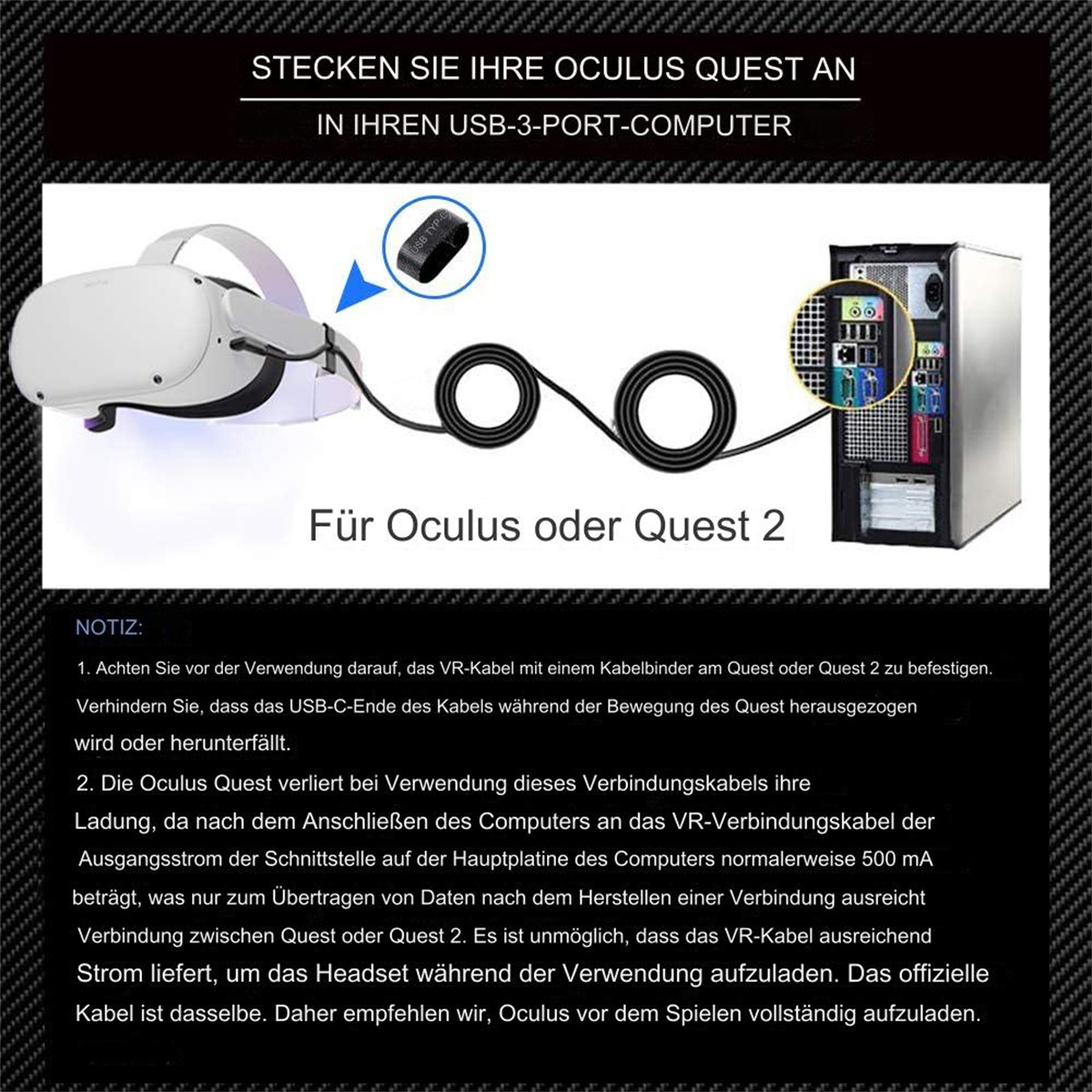 Das Bild zeigt ein VR-Headset, das über ein USB-Kabel mit einem Computer verbunden ist, und Textanweisungen.