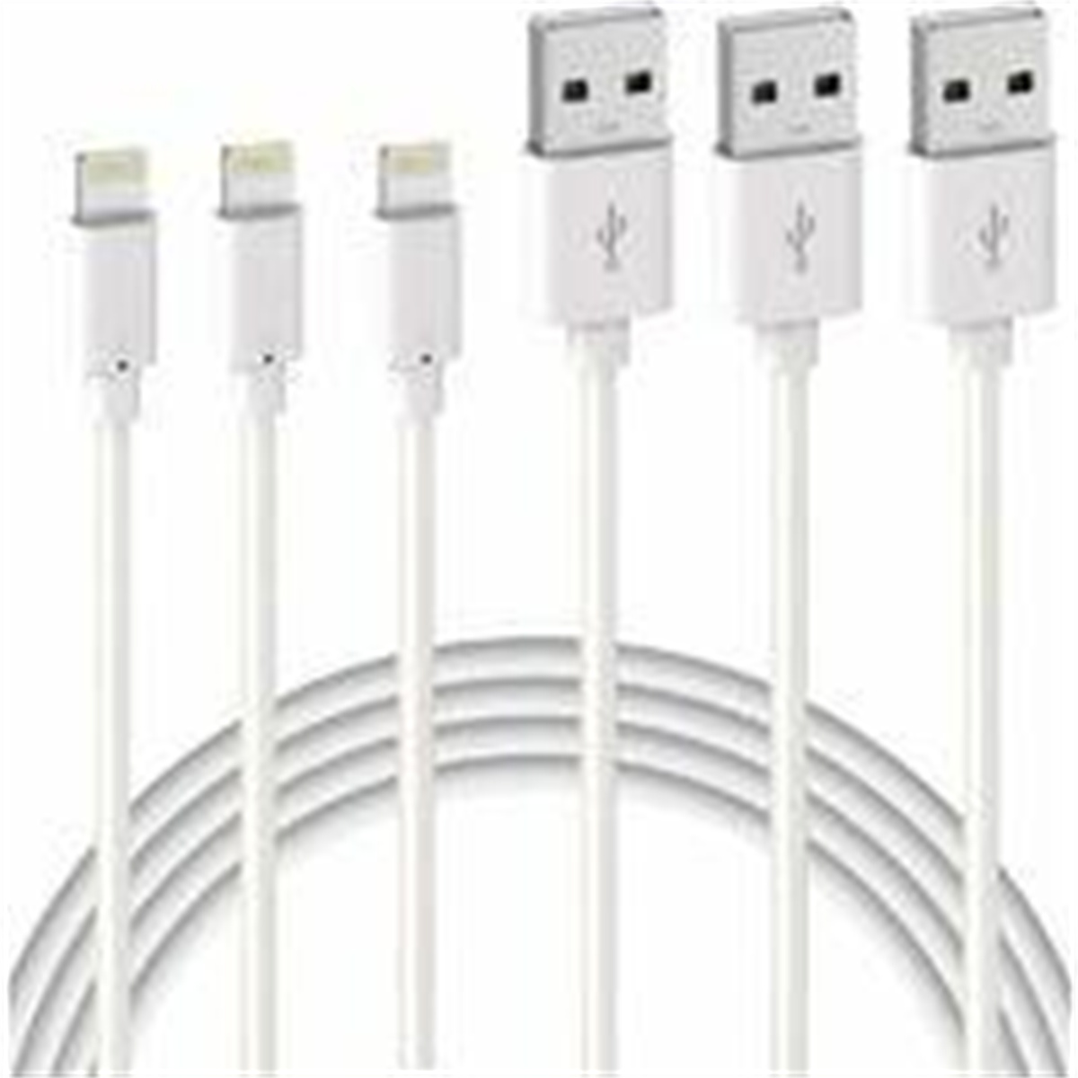 Weiße USB-Ladekabel. 3 USB-A-zu-USB-C- und 2 USB-A-zu-Lightning-Kabel sind sichtbar.