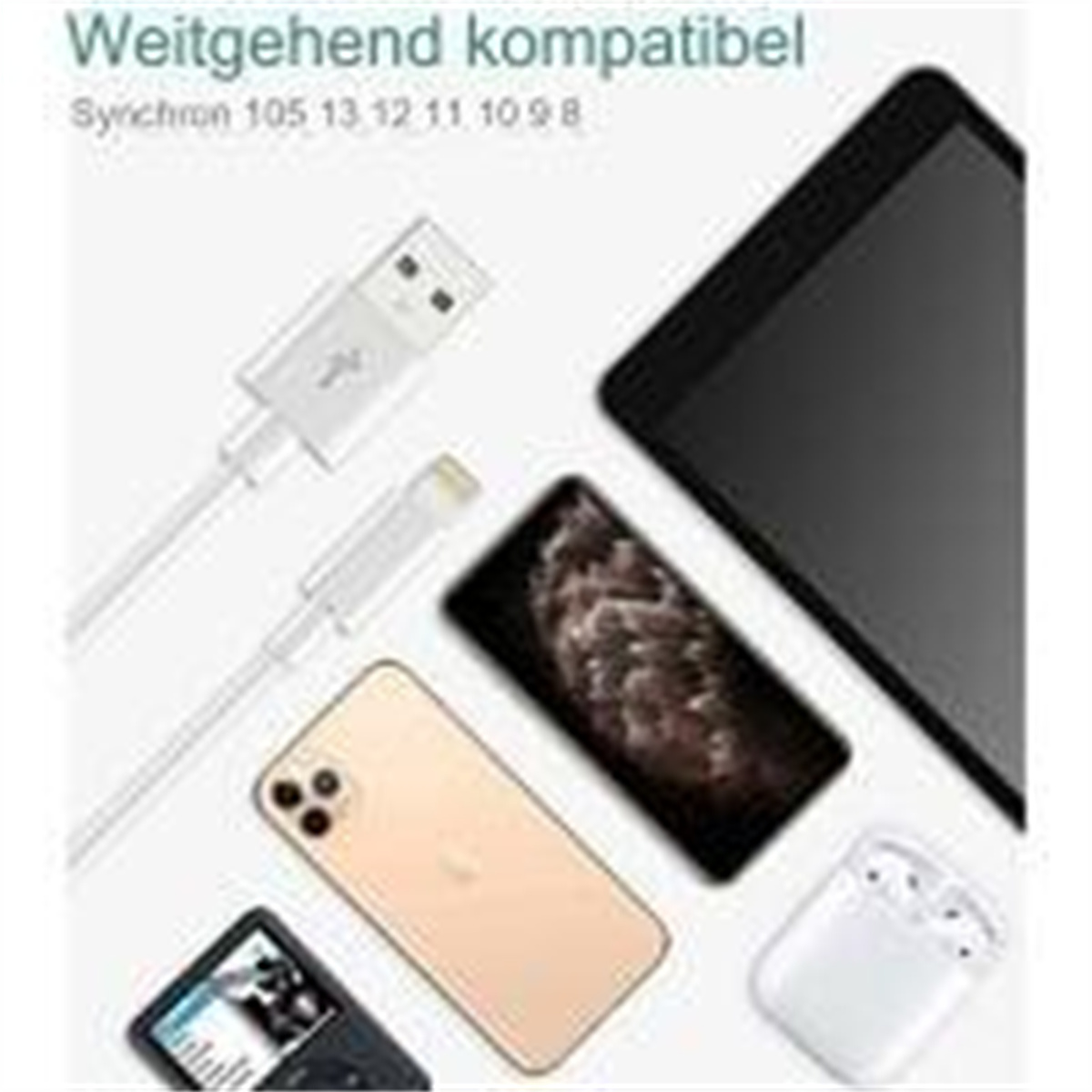 Verschiedene elektronische Geräte mit Kabeln, darunter ein Tablet, Telefon und Ohrhörer.
