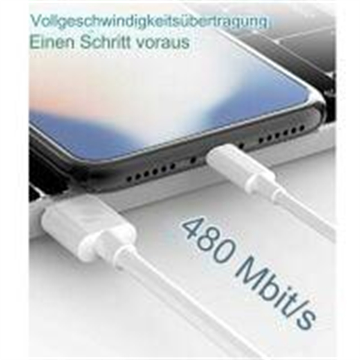 Ein Telefon mit weißem Kabel. Text sagt '480 Mbit/s'. Das Telefon ist mit einem Laptop verbunden.