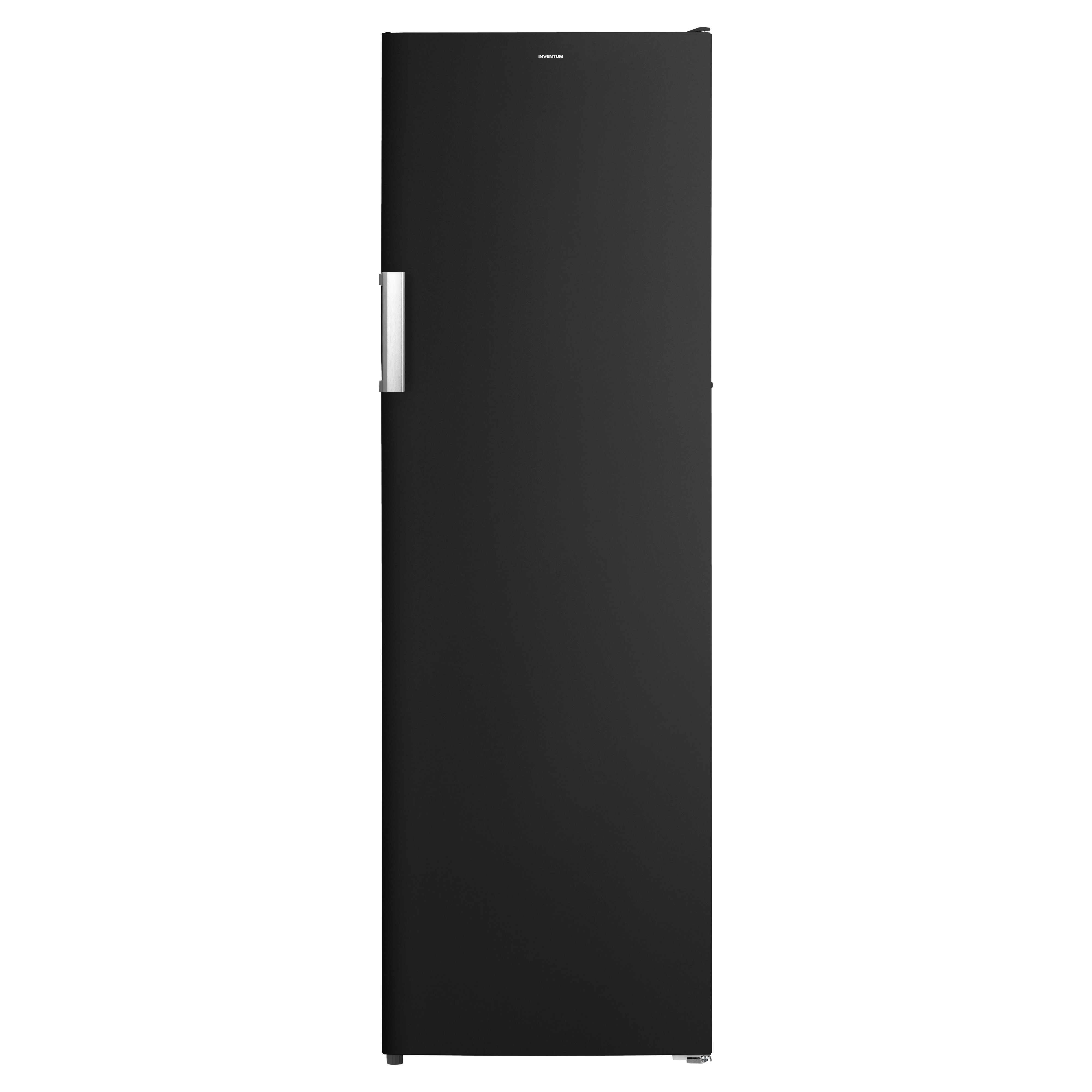 Black refrigerator, full view, with a silver handle, isolated against a white background.