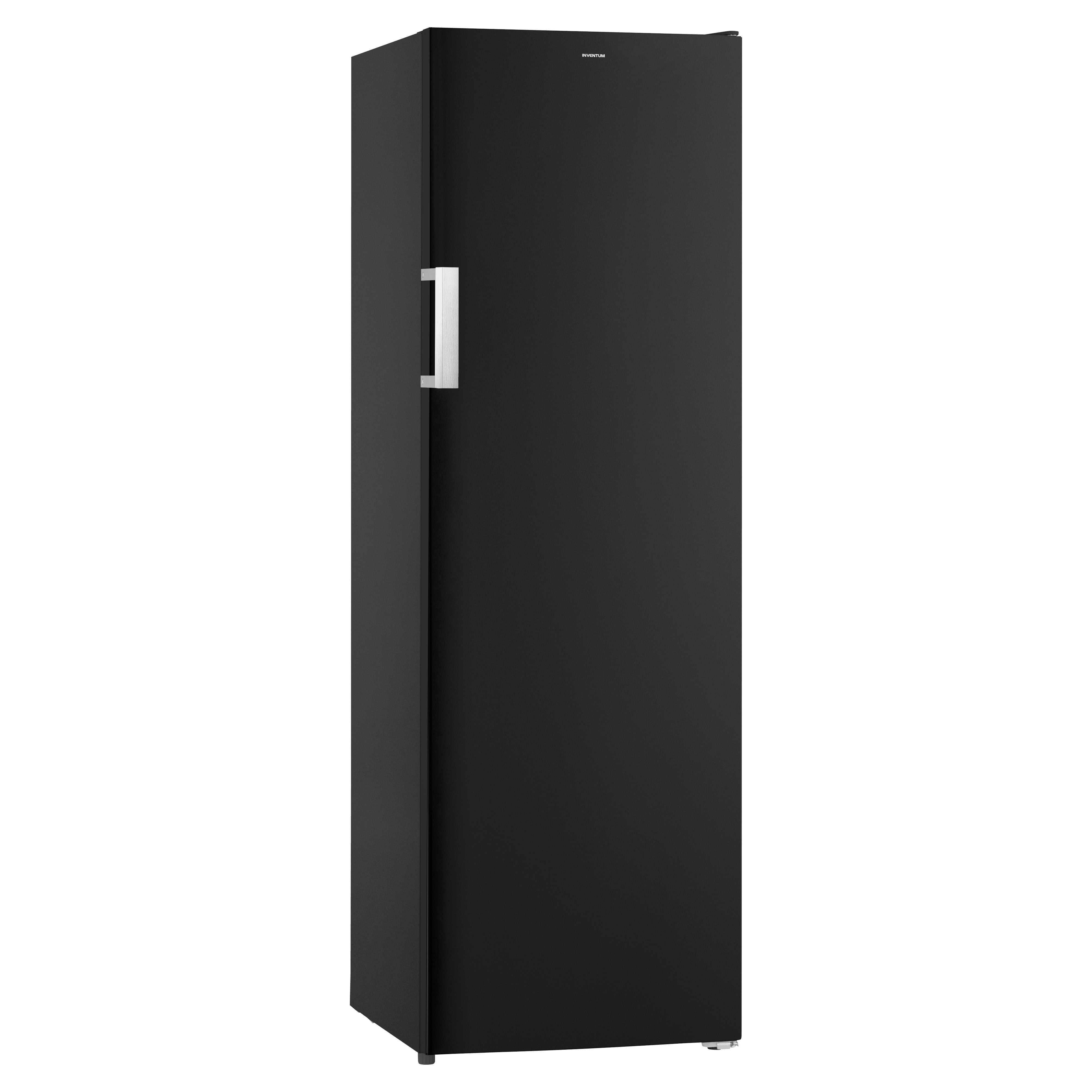 Black free-standing freezer with a silver handle against a white background.
