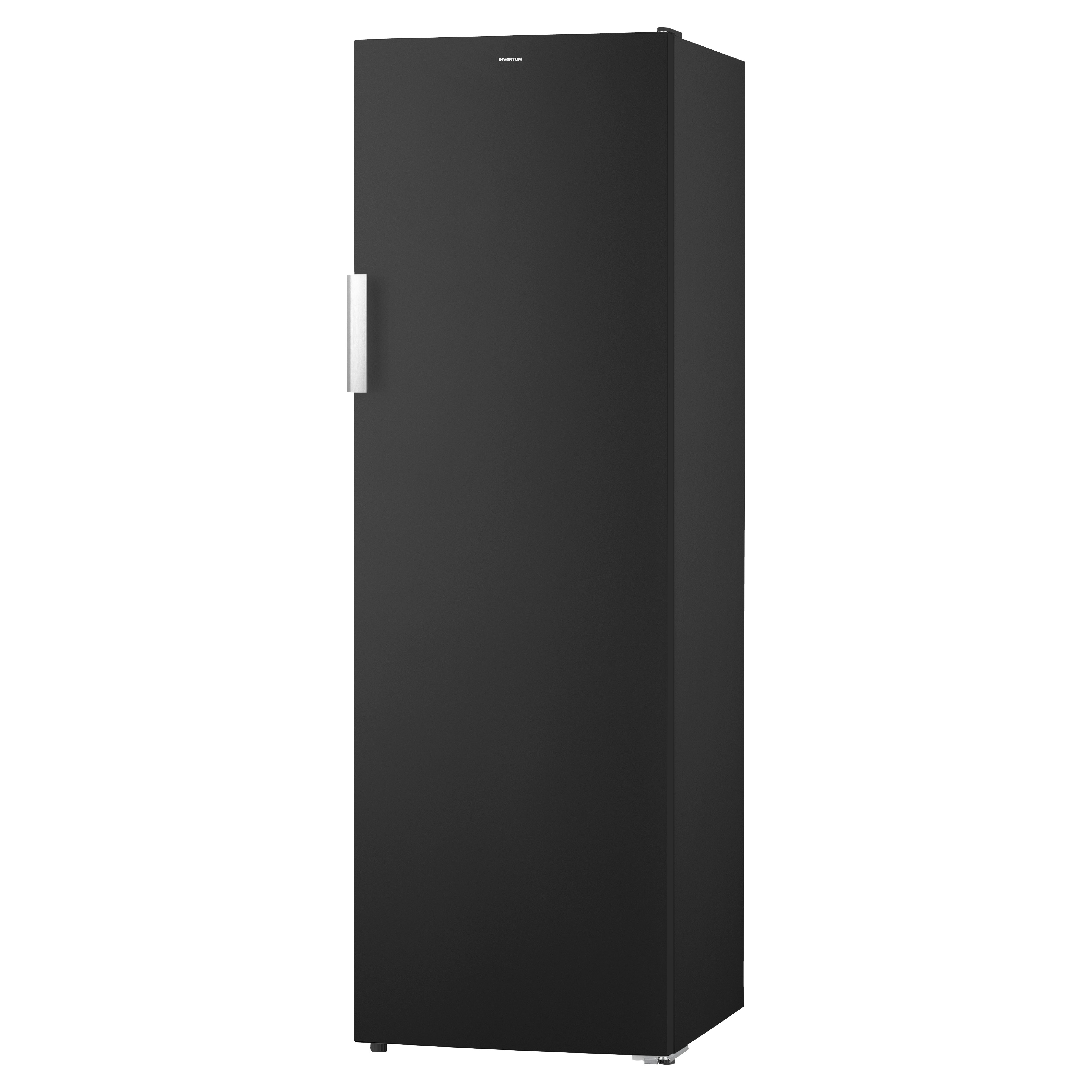 Black refrigerator with a silver handle, set against a white background.
