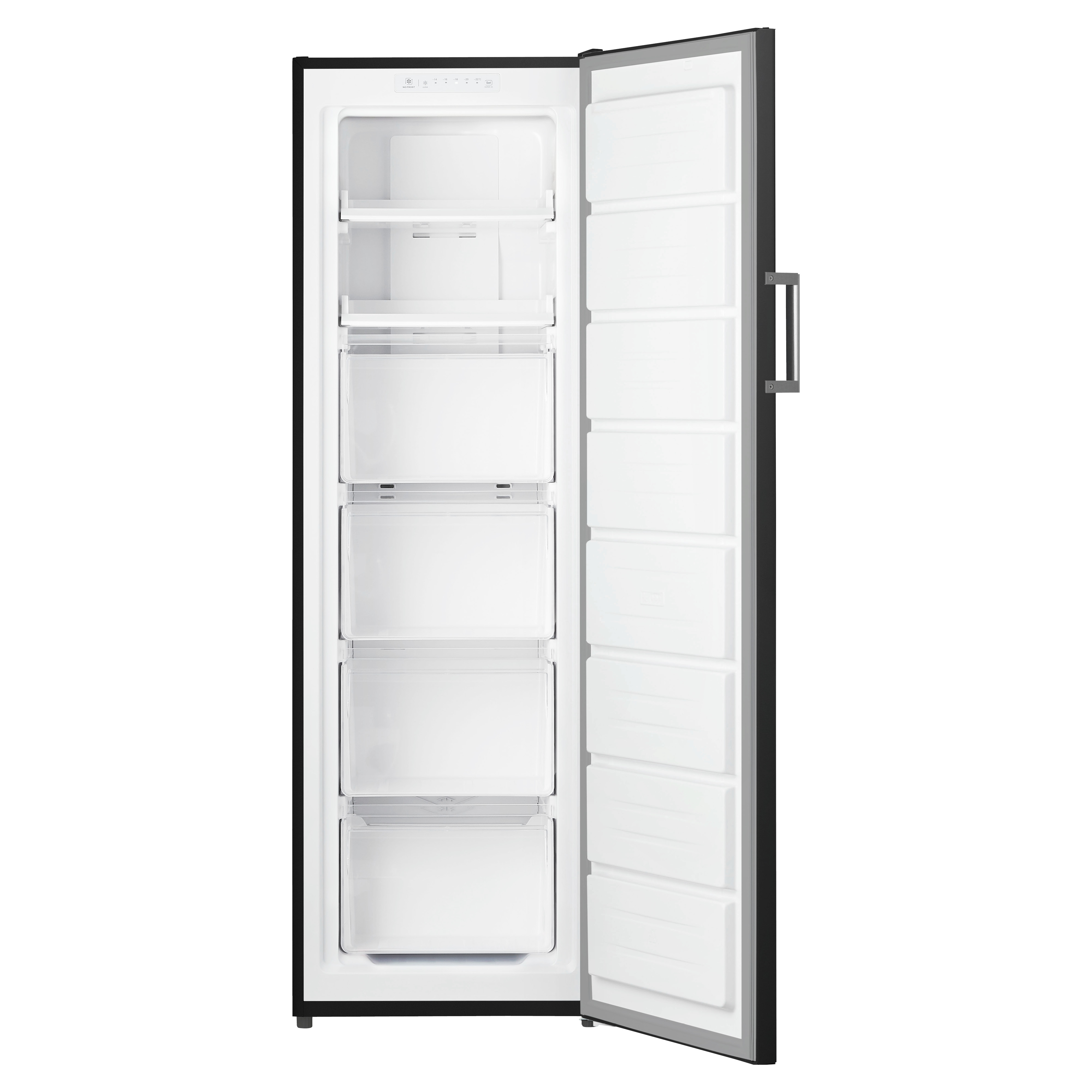 A black refrigerator with the door open, revealing drawers and shelves, against a white background.