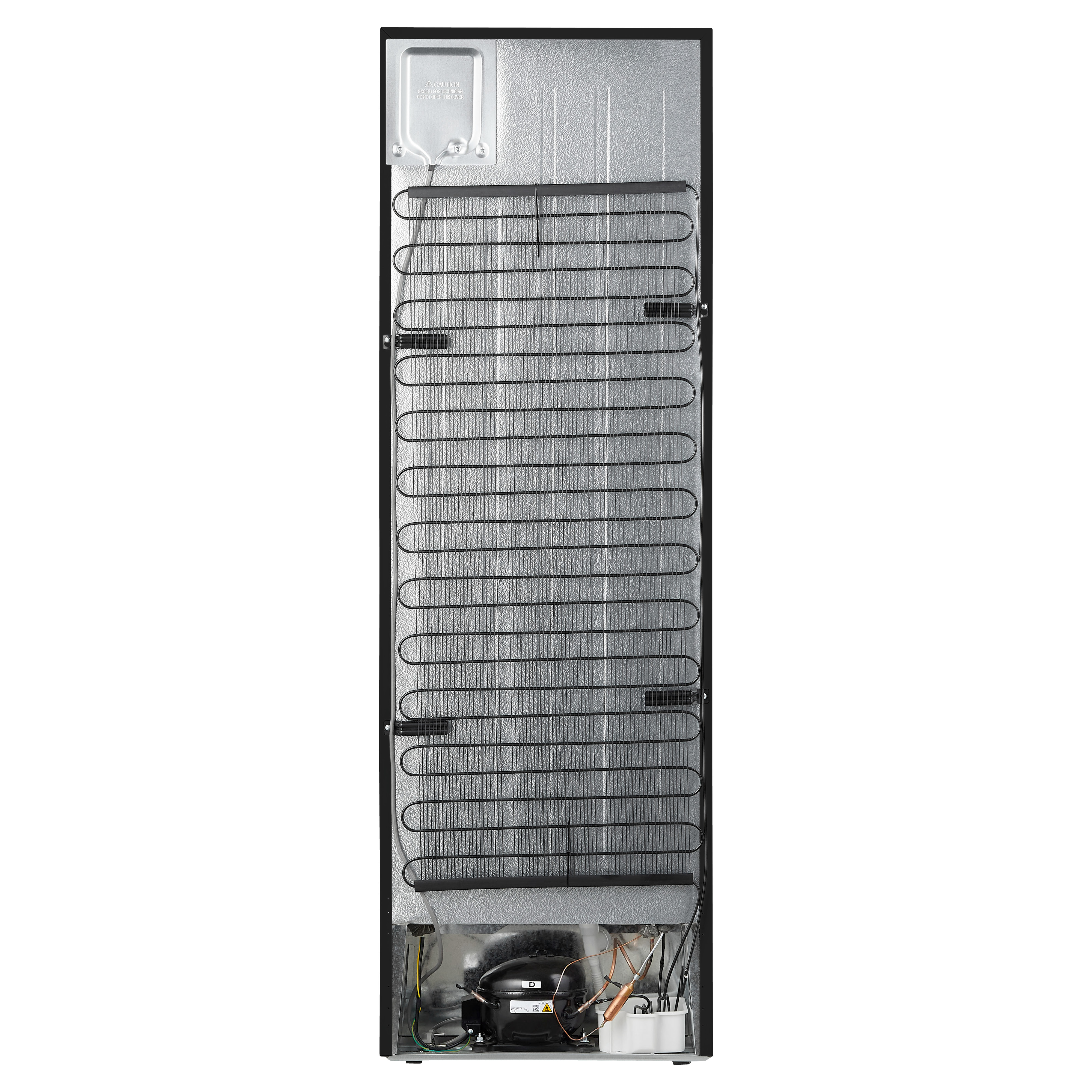 Back of a refrigerator. Black with metal coils, compressor and insulation visible.