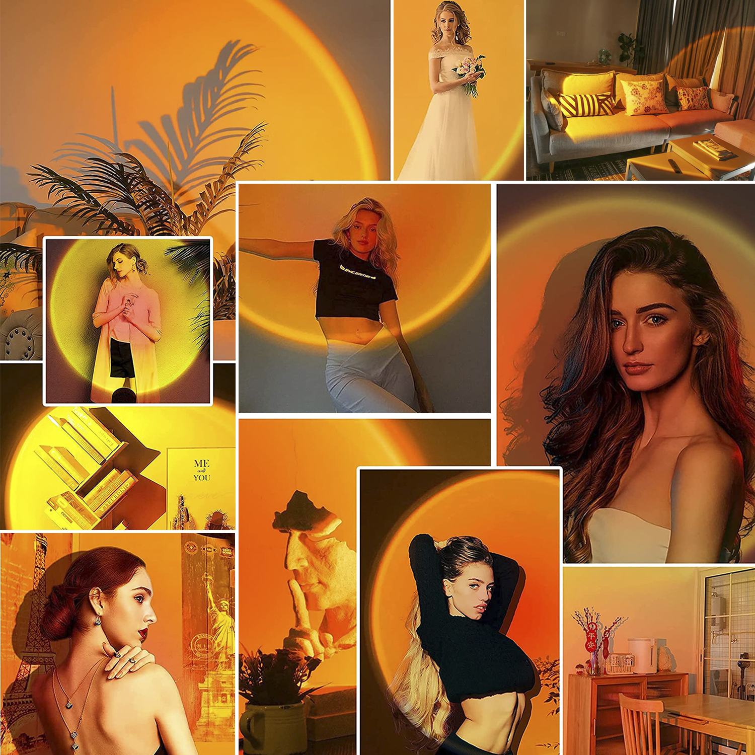 Eine Collage von Personen und Objekten, die von einer orangefarbenen Sonnenuntergangslampe beleuchtet werden.