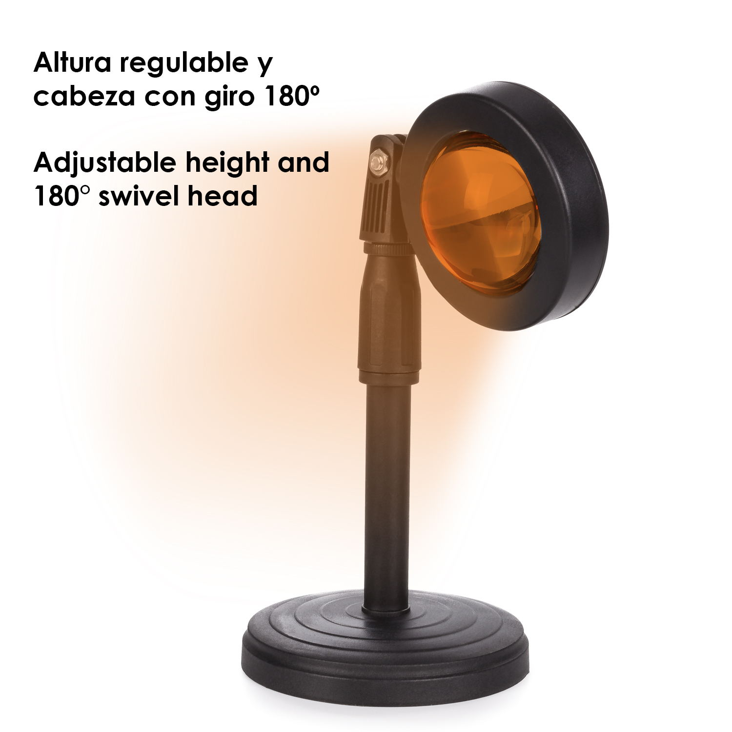 Eine schwarze Lampe mit orangefarbenem Licht. Die Höhe ist einstellbar, der Kopf schwenkt um 180 Grad.