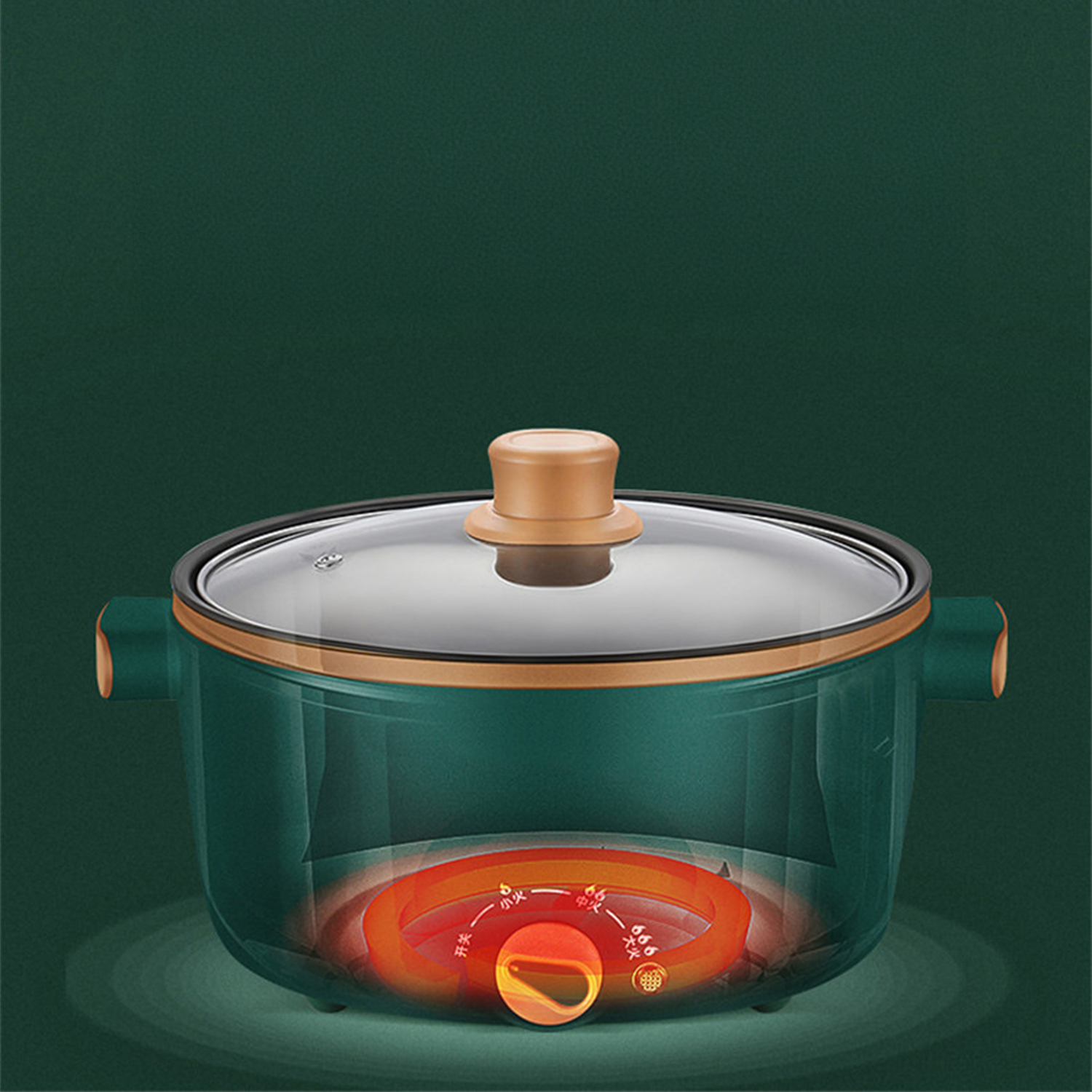 Grüner Kochtopf mit Glasdeckel, orangefarbenem Drehregler und rotem Heizelement.