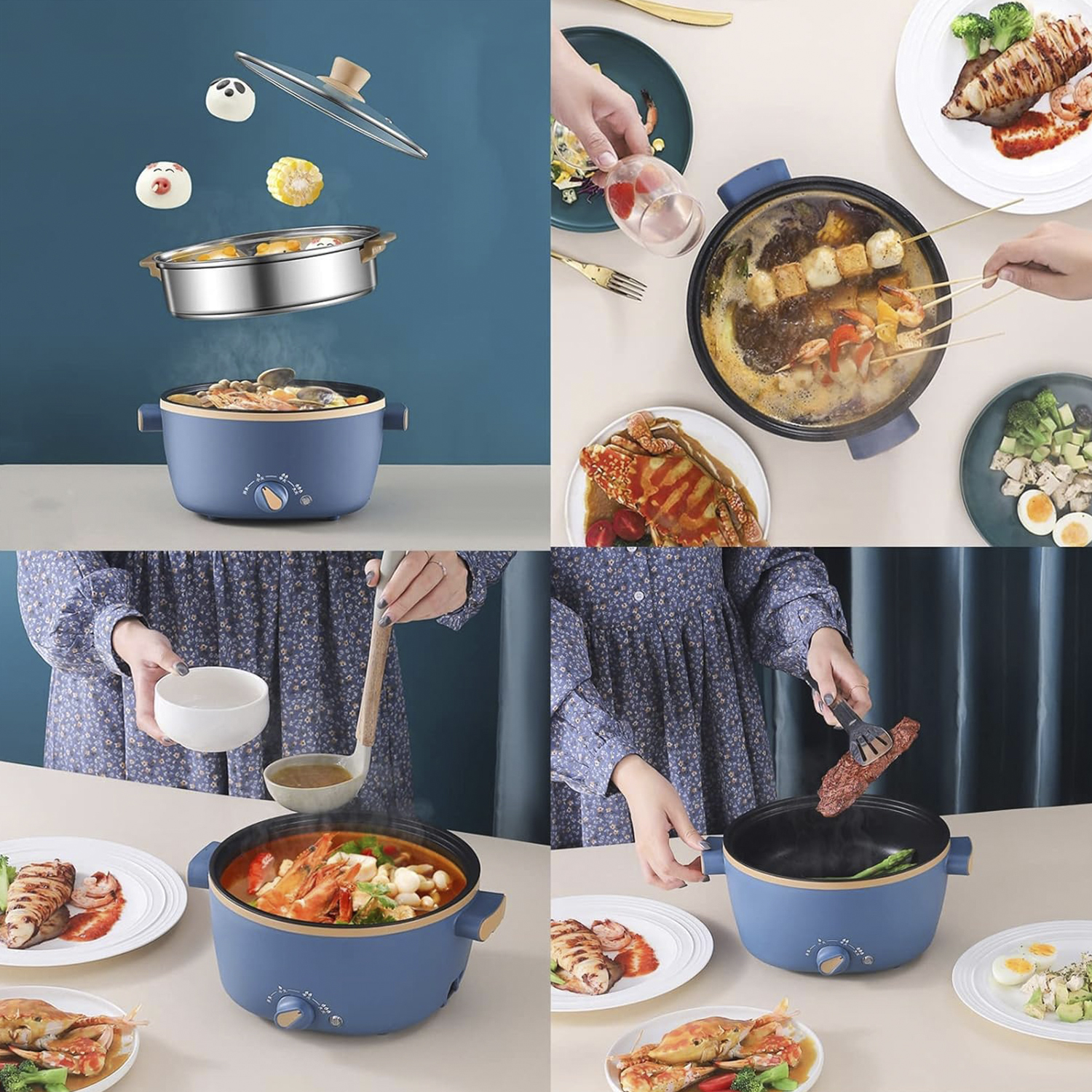 Collage von Bildern, die einen blauen Kochtopf mit Essen und Gerichte mit Essen zeigen.