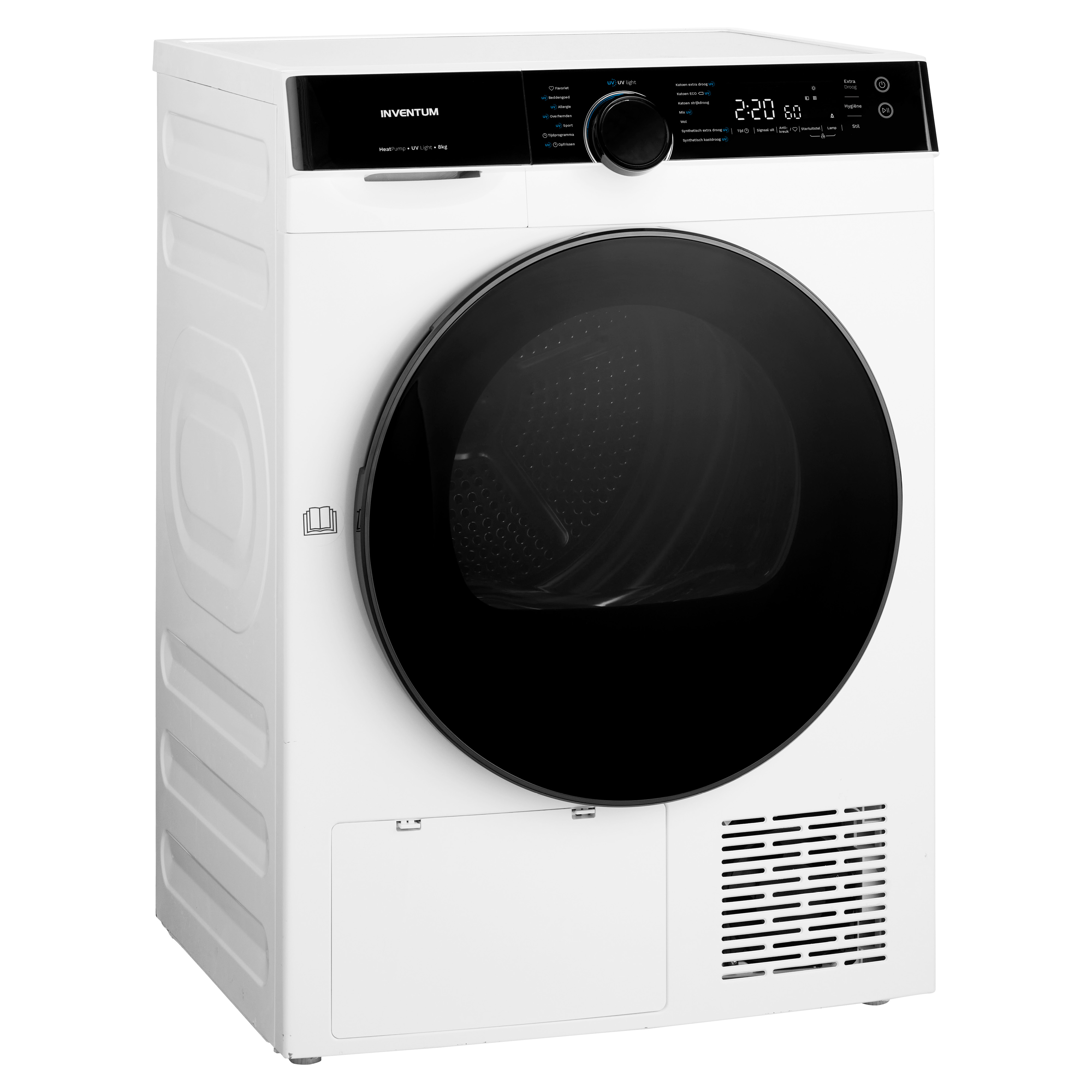 Witte droger met zwarte deur en bedieningspaneel, op een witte achtergrond.