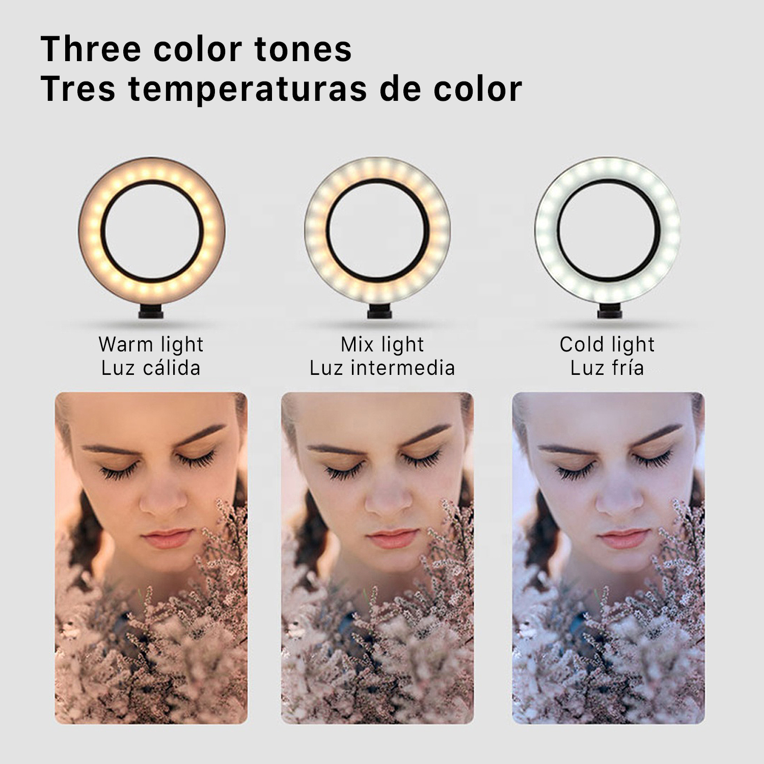 Tres luces de anillo con diferentes temperaturas de color con una mujer frente a cada una.