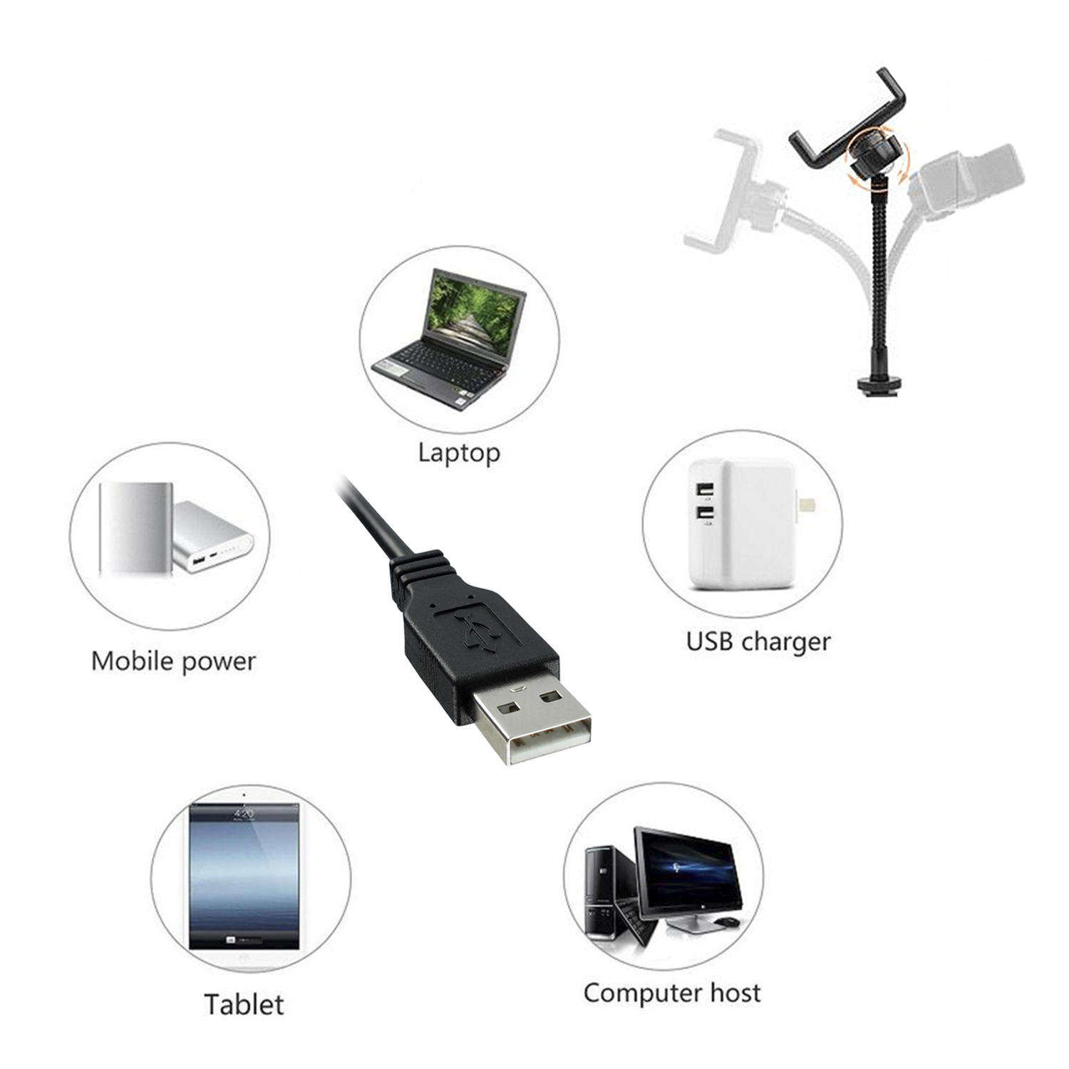 Varios dispositivos y accesorios electrónicos: portátil, tableta, cargador y cable USB.