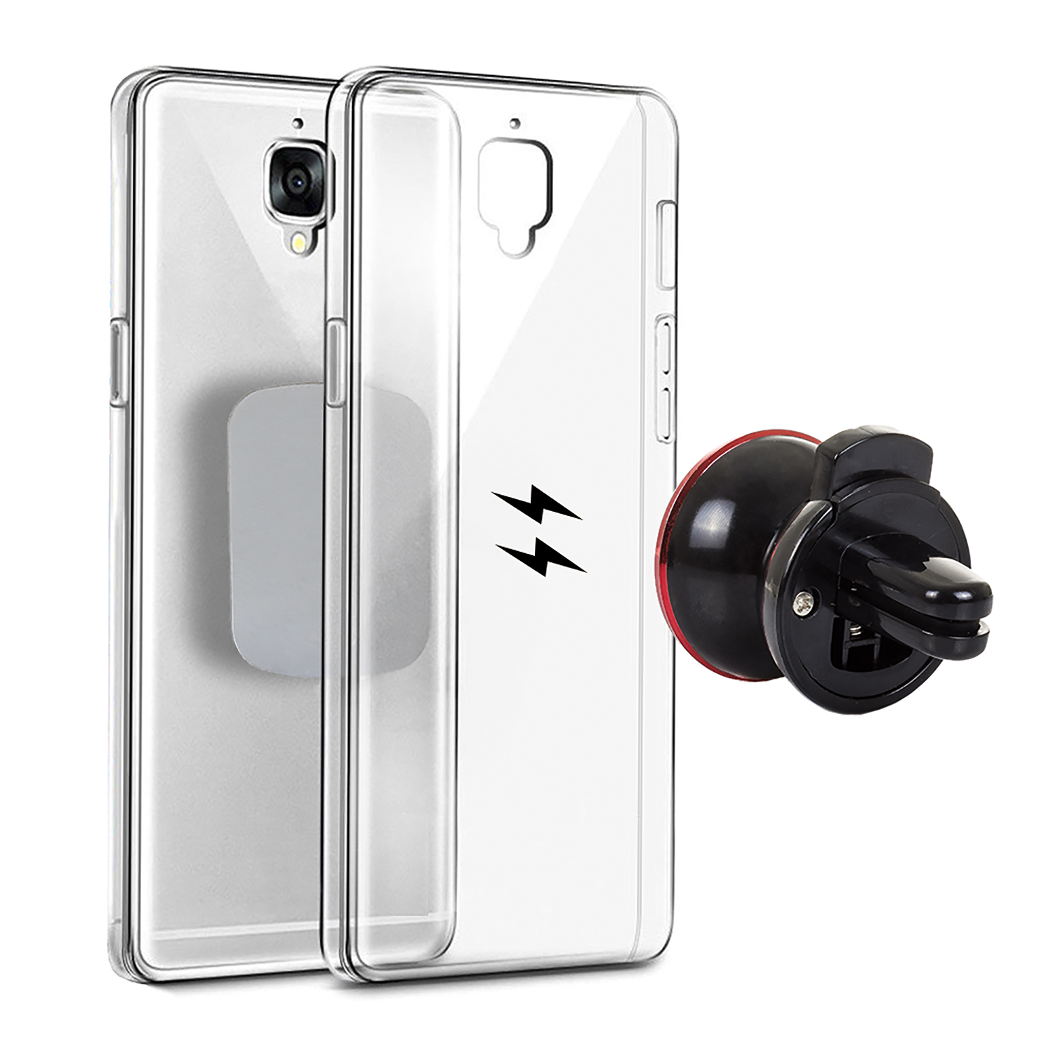Due custodie trasparenti per telefono con un fulmine nero e un supporto per auto.