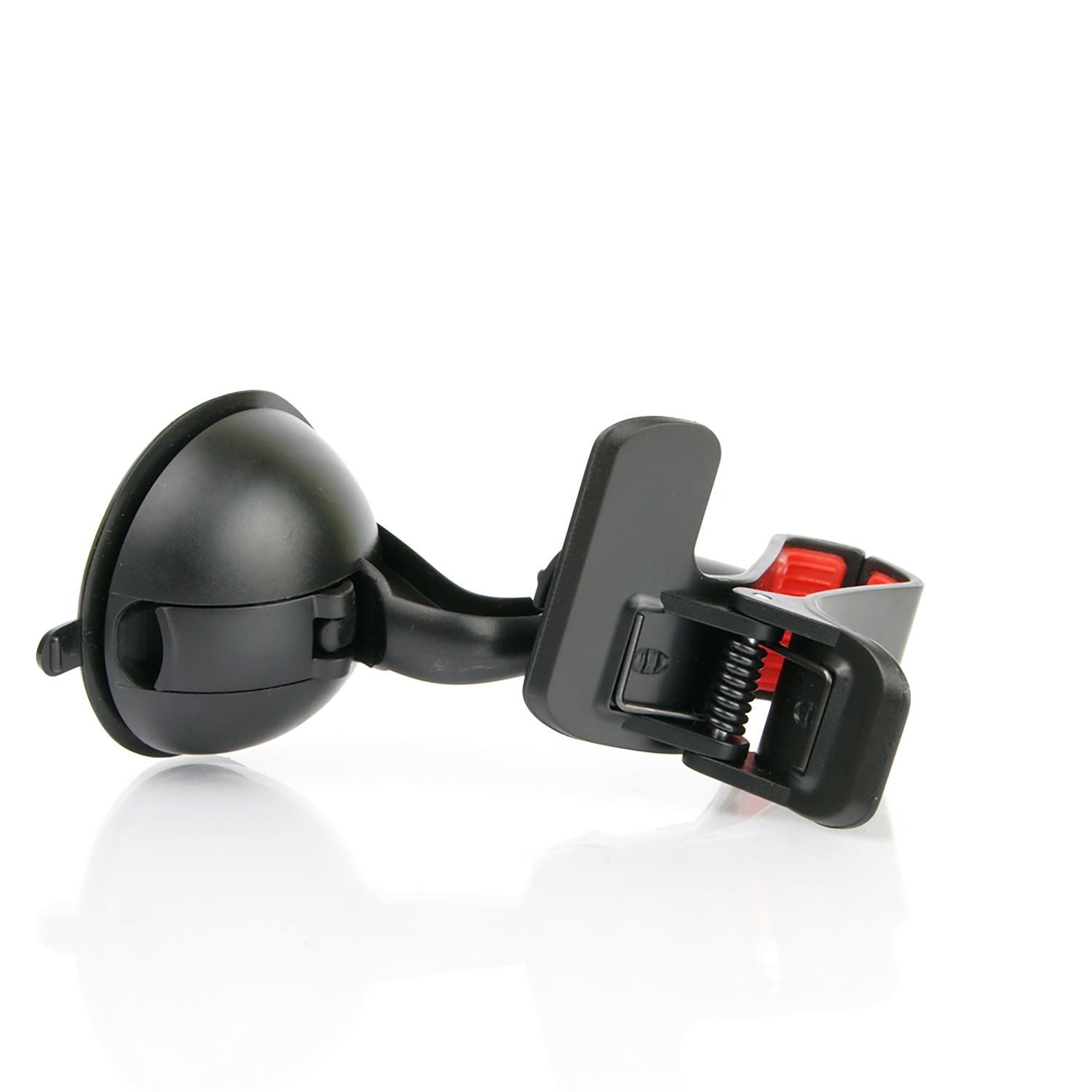 Un soporte negro para teléfono de coche con ventosa y clip con resorte rojo.