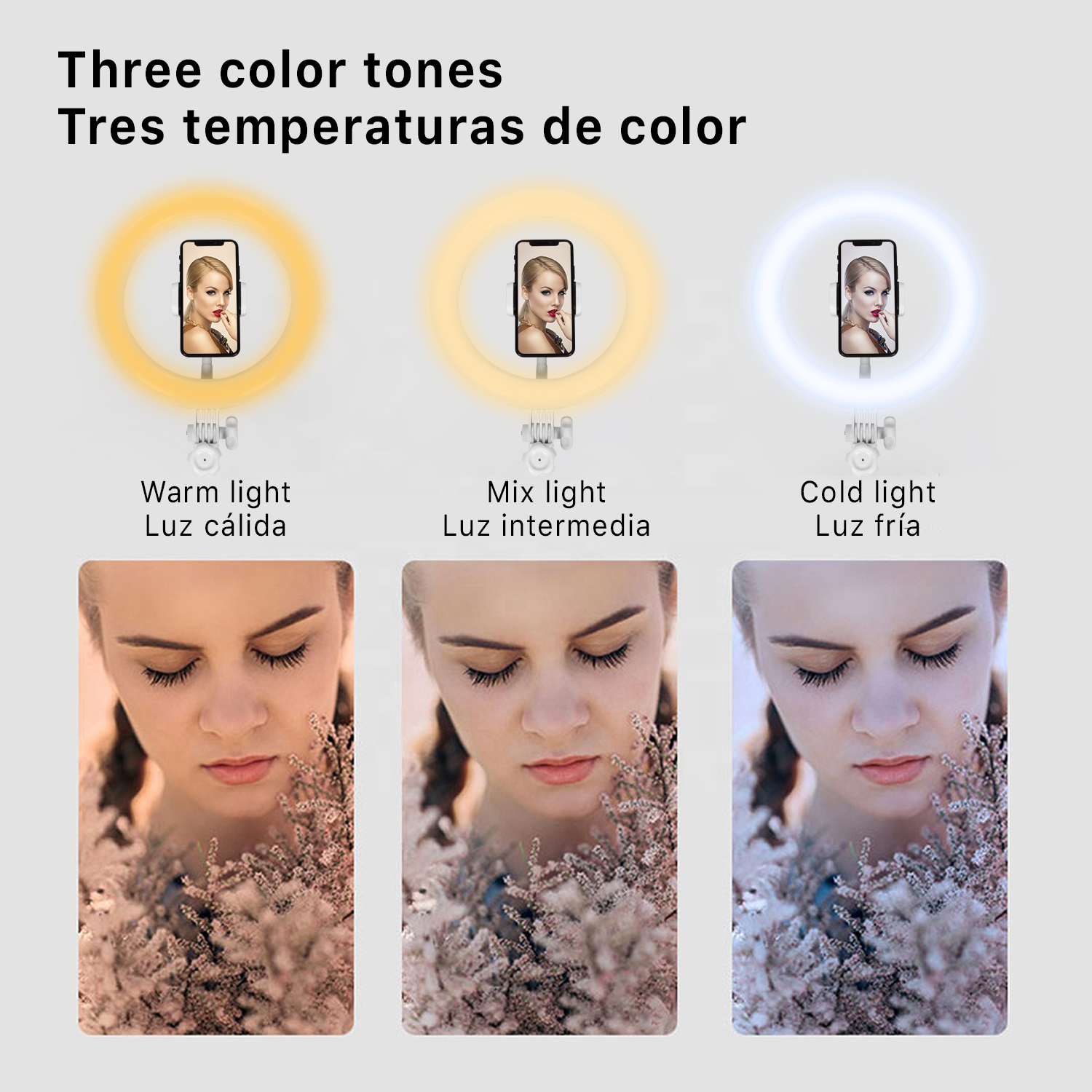 Tres luces de anillo, cada una con un teléfono y la cara de una mujer. Luz cálida, mixta y fría.