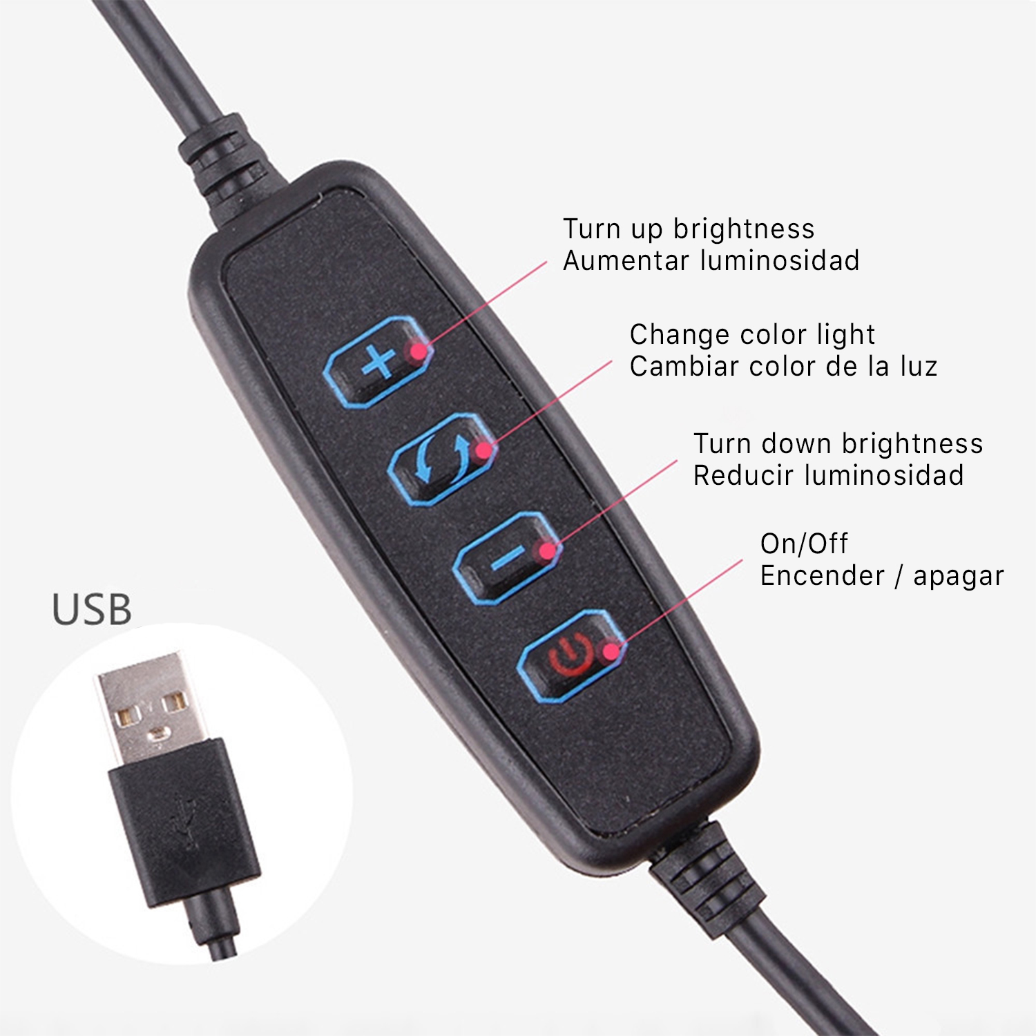 Panel de control con botones para brillo y ajuste de color, y un cable USB.