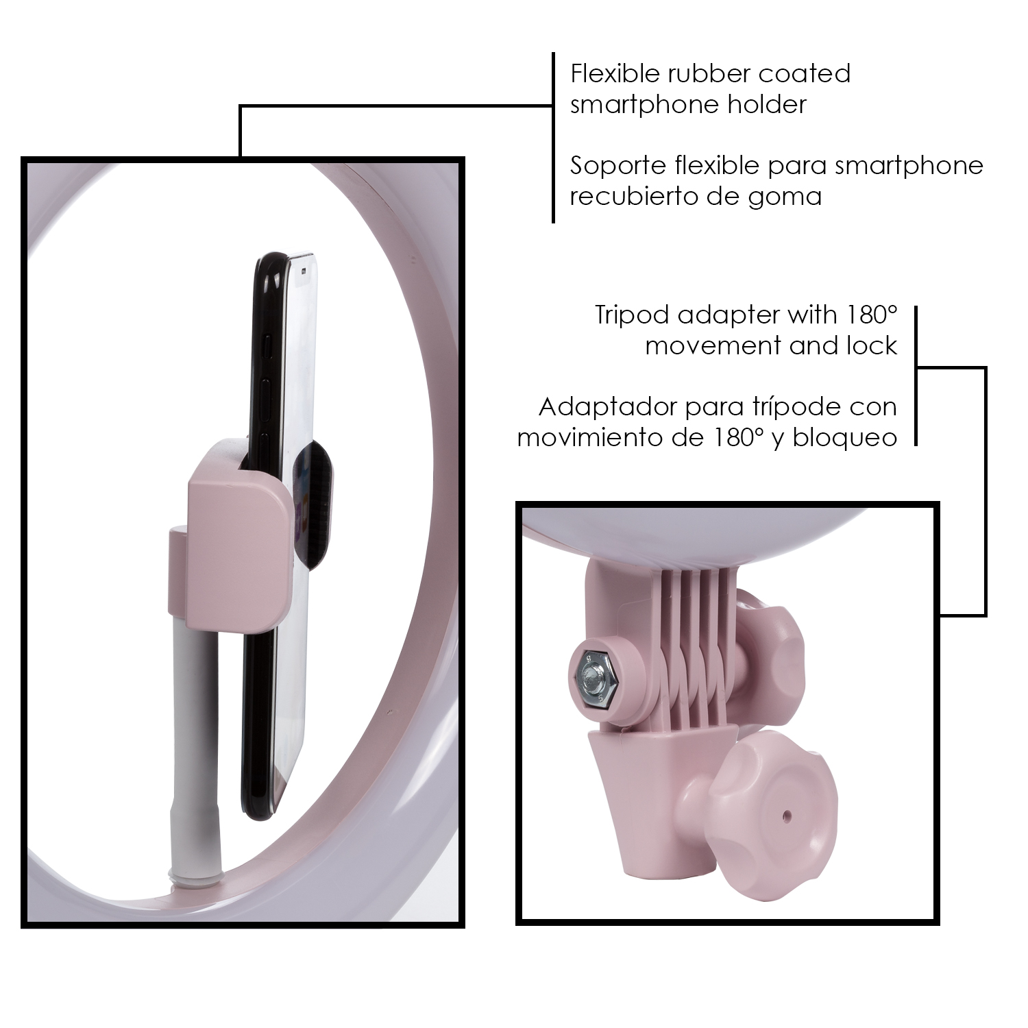 Soporte rosa para smartphone con luz de anillo y texto.  Toma de cerca.