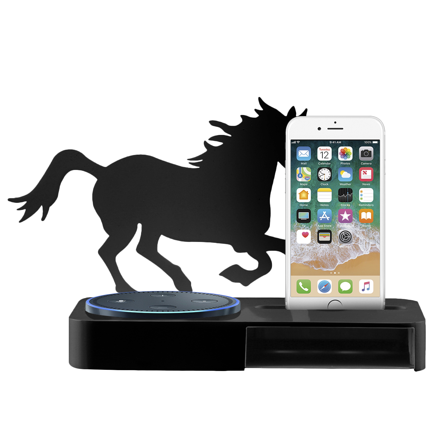 Silhouette di cavallo che supporta un telefono e un altoparlante. Schermo del telefono acceso. Sfondo bianco e nero.