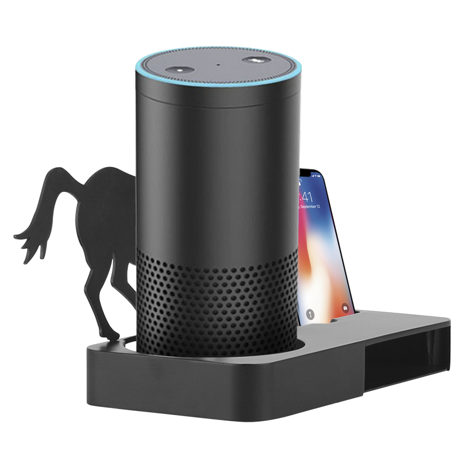 Altoparlante intelligente nero con telefono e supporto a silhouette di cavallo. Anello luminoso blu sopra.