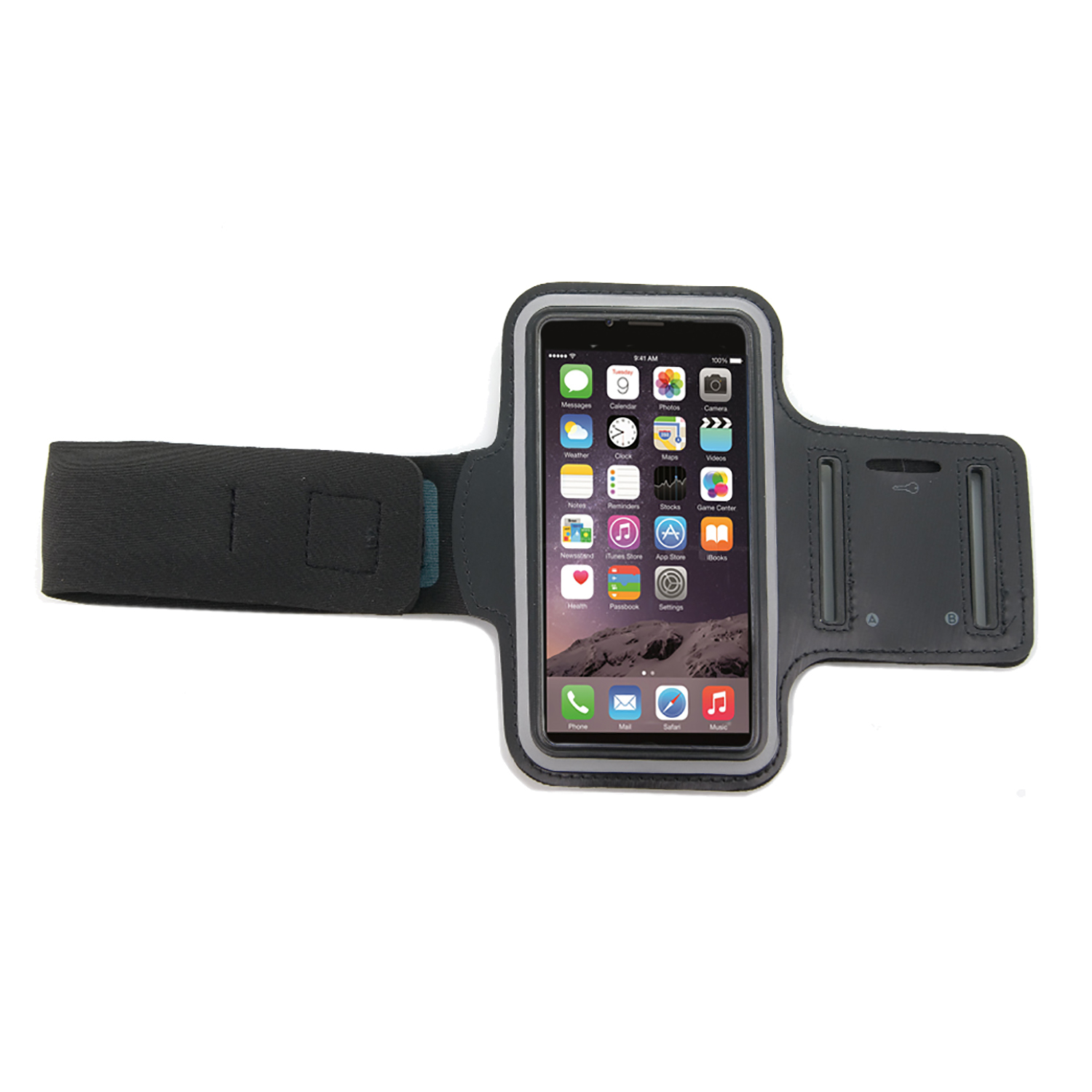 Un bracciale nero e grigio con un telefono e app visibili sullo schermo.