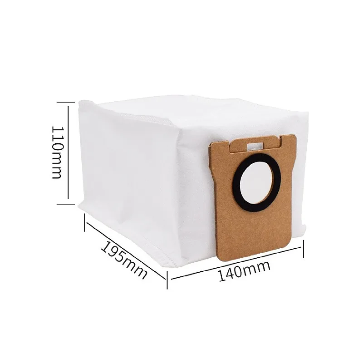 Biały worek do odkurzacza z wymiarami, kartonowy otwór.