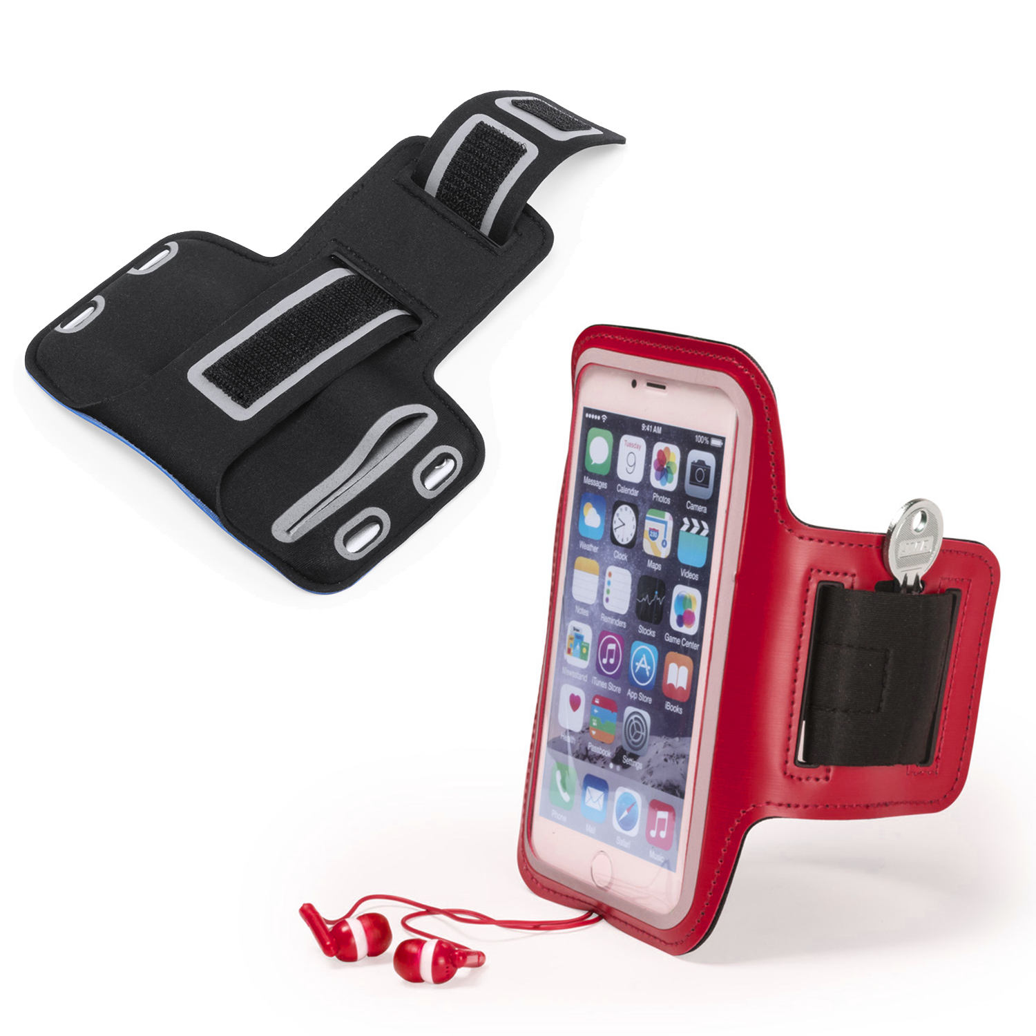 Dos brazaletes para teléfono. Uno negro, uno rojo, con teléfono dentro. También auriculares rojos.