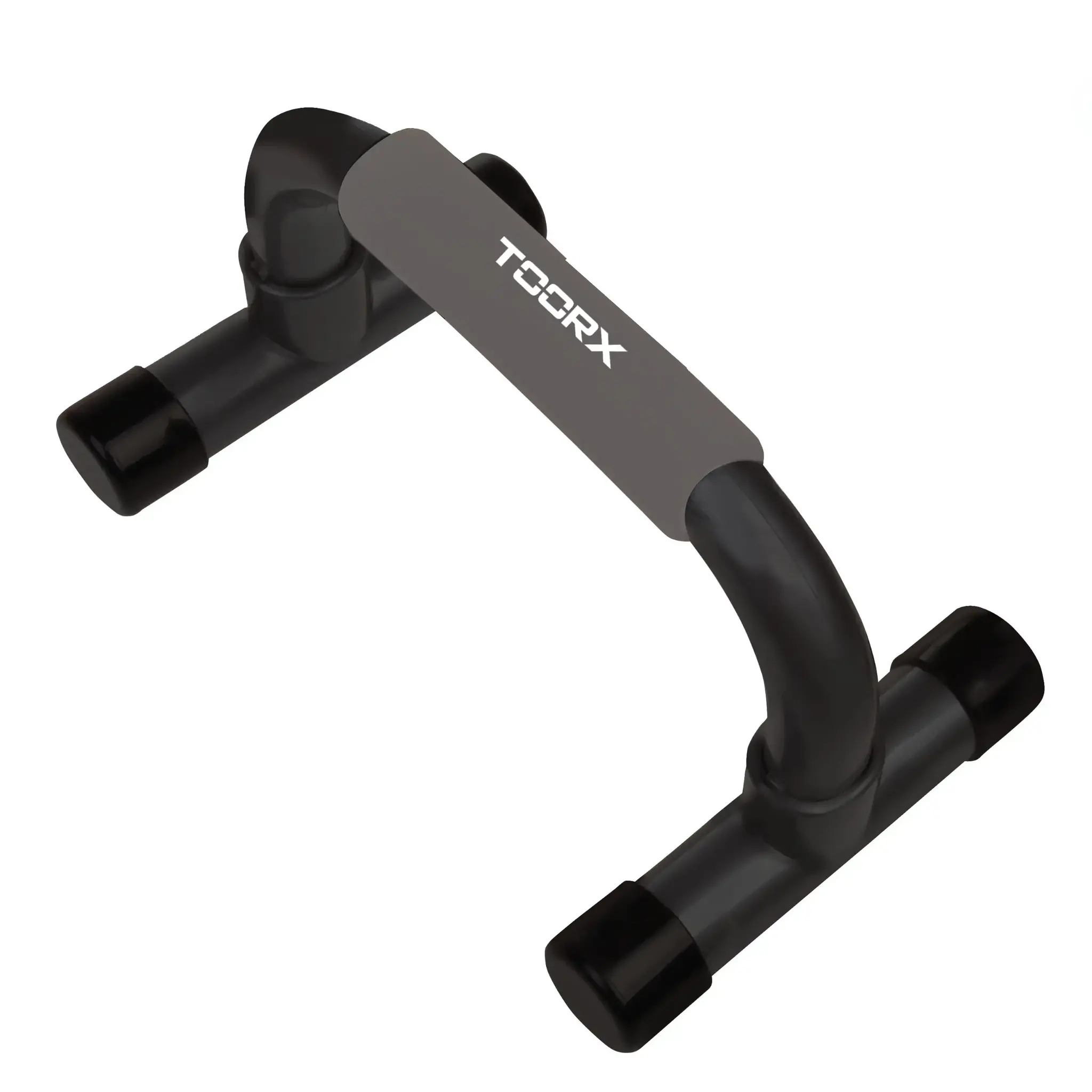 Zwarte push-up bars met grijze handgrepen, op een witte achtergrond.