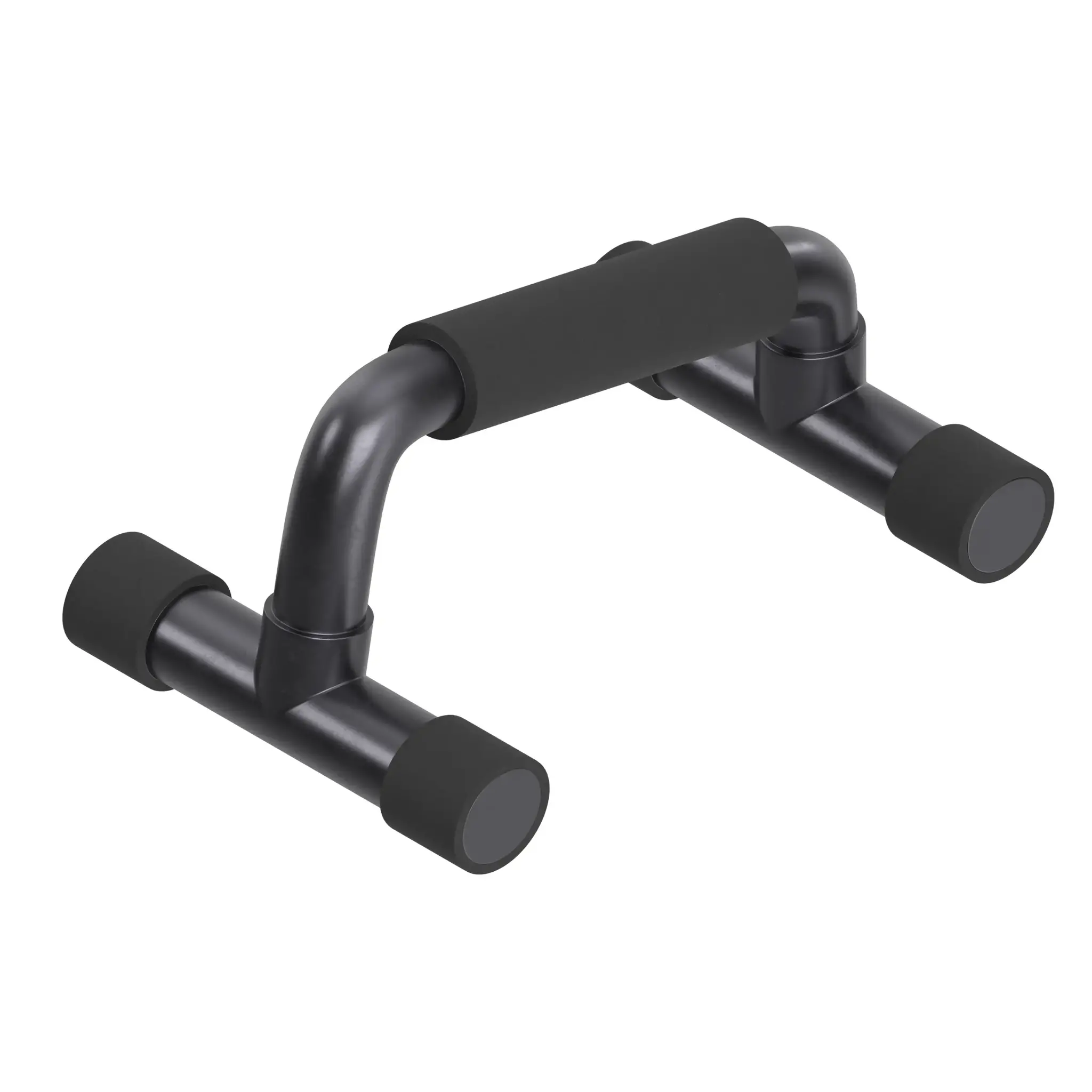 Zwarte push-up bars op een witte achtergrond. De bars buigen omhoog met een handvat en rubberen uiteinden.