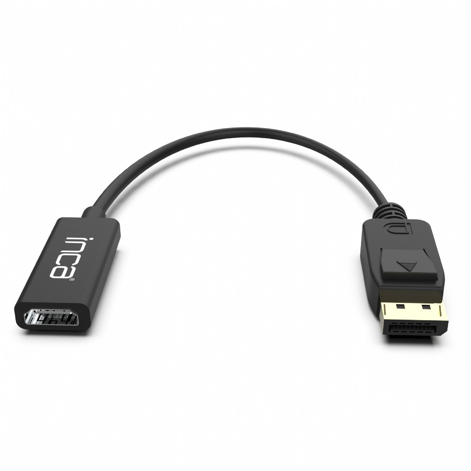 Czarny kabel adaptera Inca DisplayPort na HDMI, ze złączami na obu końcach.