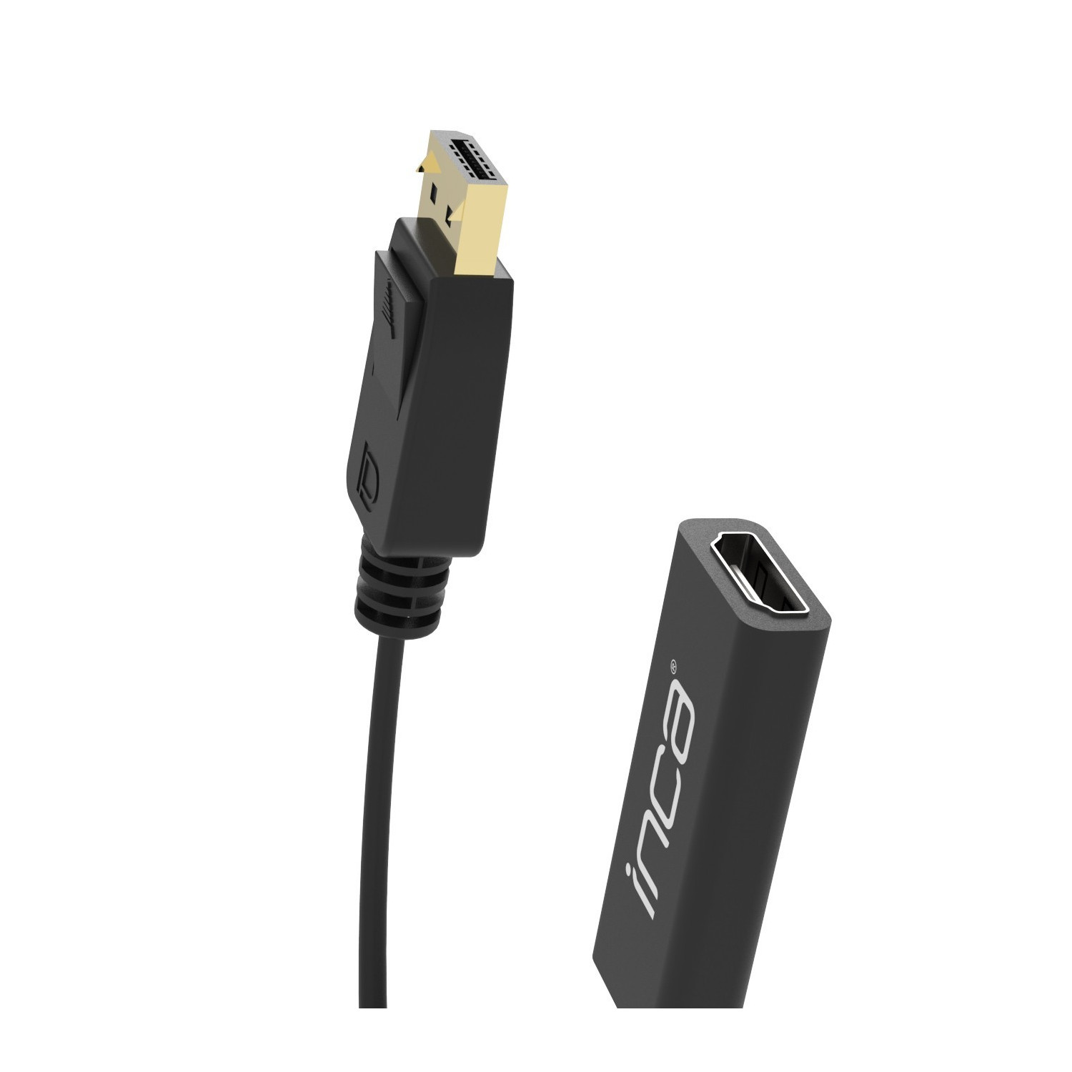 Czarny kabel adaptera Inca HDMI na DisplayPort, ze złączami na obu końcach.