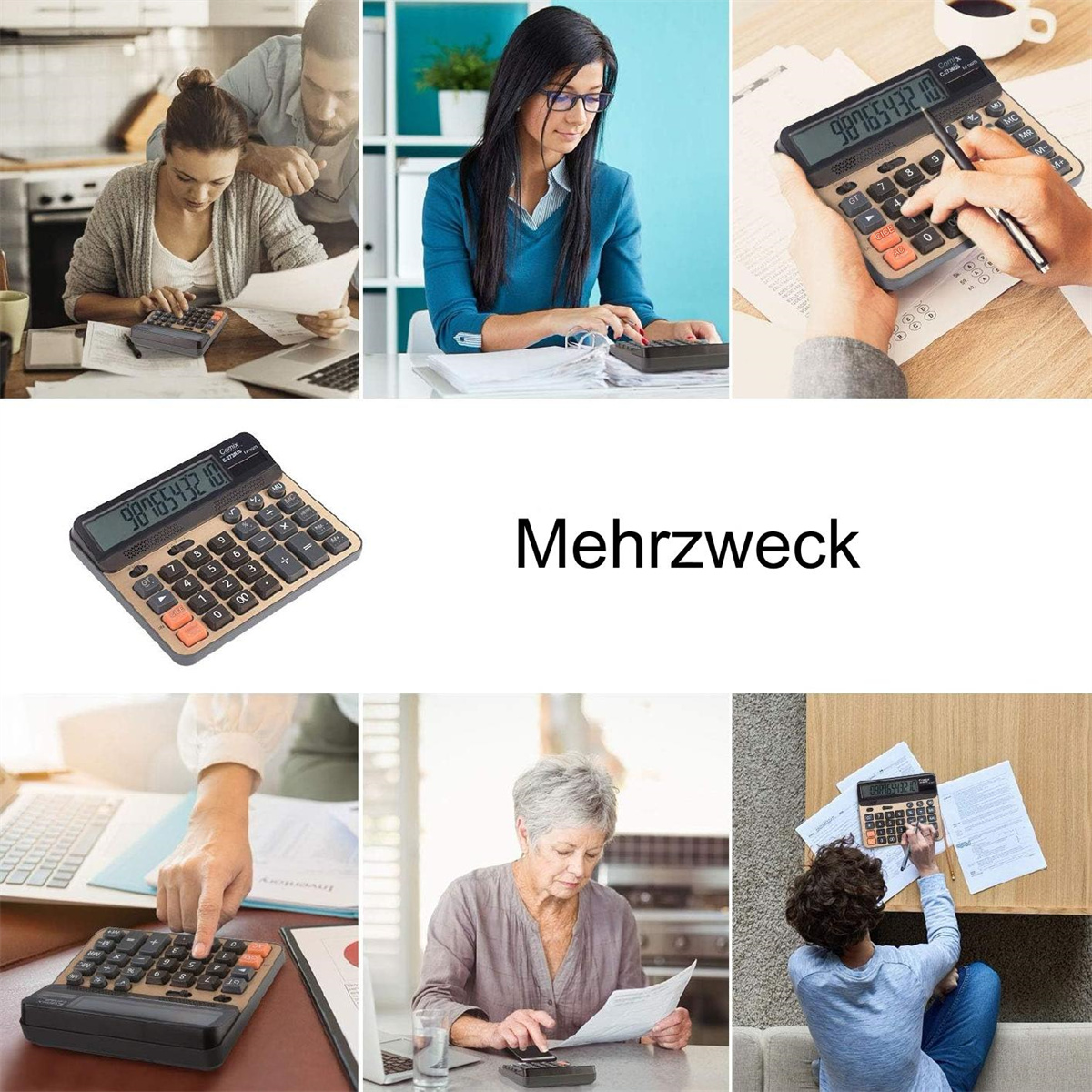 Mehrere Bilder von Personen, die einen Taschenrechner benutzen. Verschiedene Winkel und Kontexte.