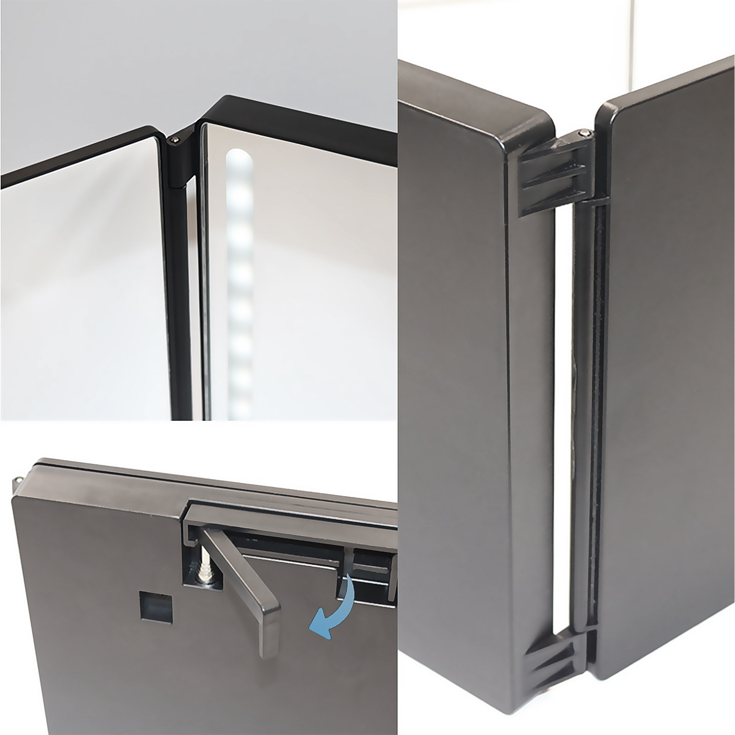 Espejo negro con bisagra plegable y luces LED.