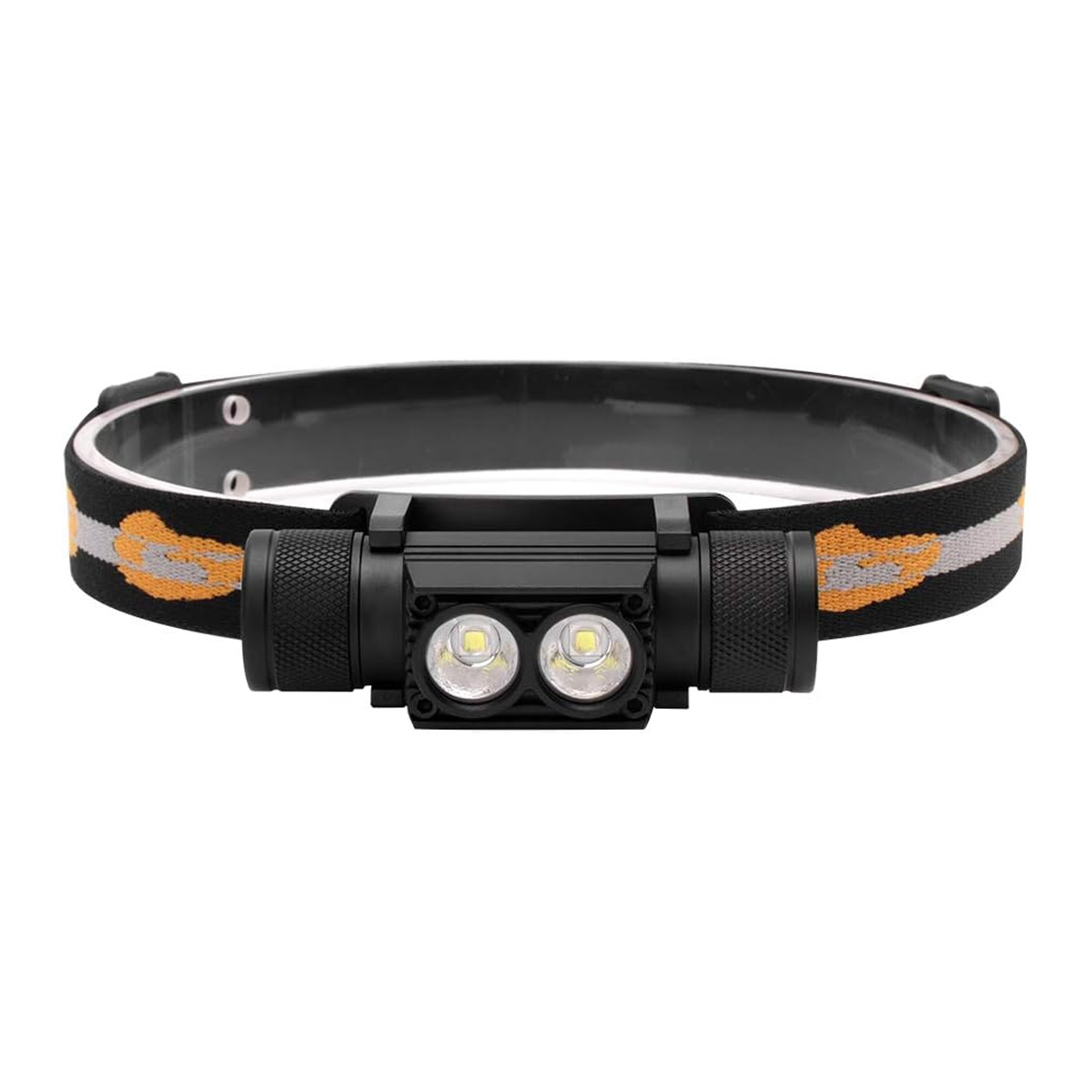 Schwarze und silberne Stirnlampe mit zwei Lichtern und schwarzem Riemen mit orange-weißem Muster.