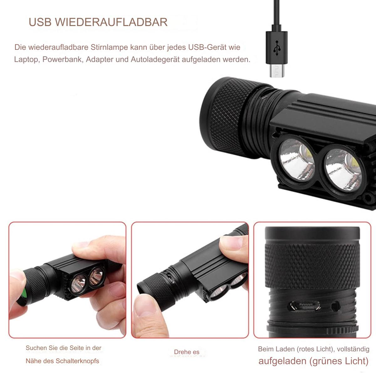 Schwarze Taschenlampe mit zwei Lichtern und einem USB-Ladeanschluss. Drei Bilder zeigen die Verwendung und das Aufladen.