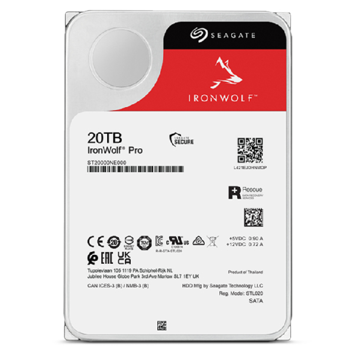 Dysk twardy Seagate IronWolf Pro 20TB z czerwonymi i białymi etykietami na białym tle.