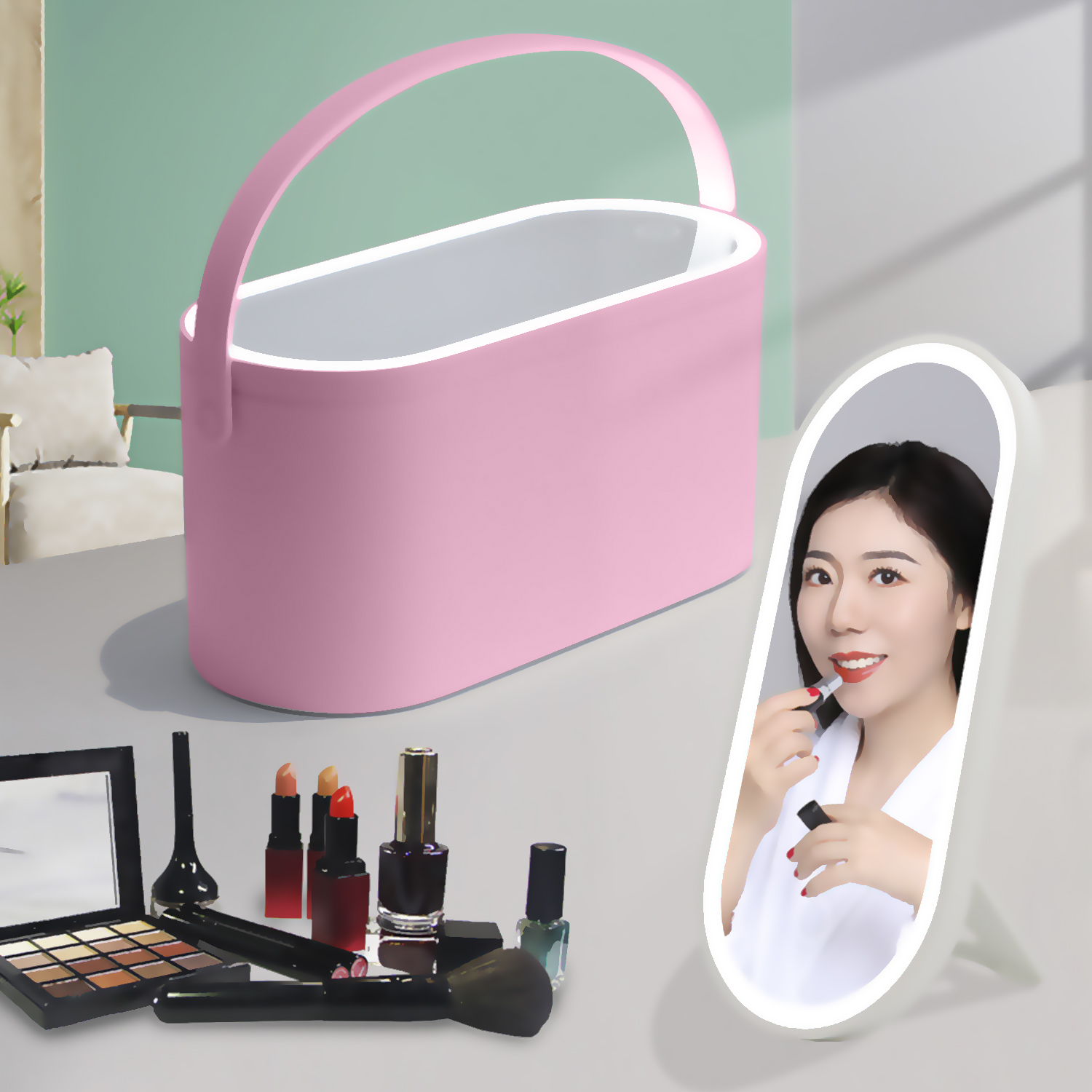 Un kit de maquillaje con asa y espejo. Cosméticos en la mesa, una mujer se aplica lápiz labial.
