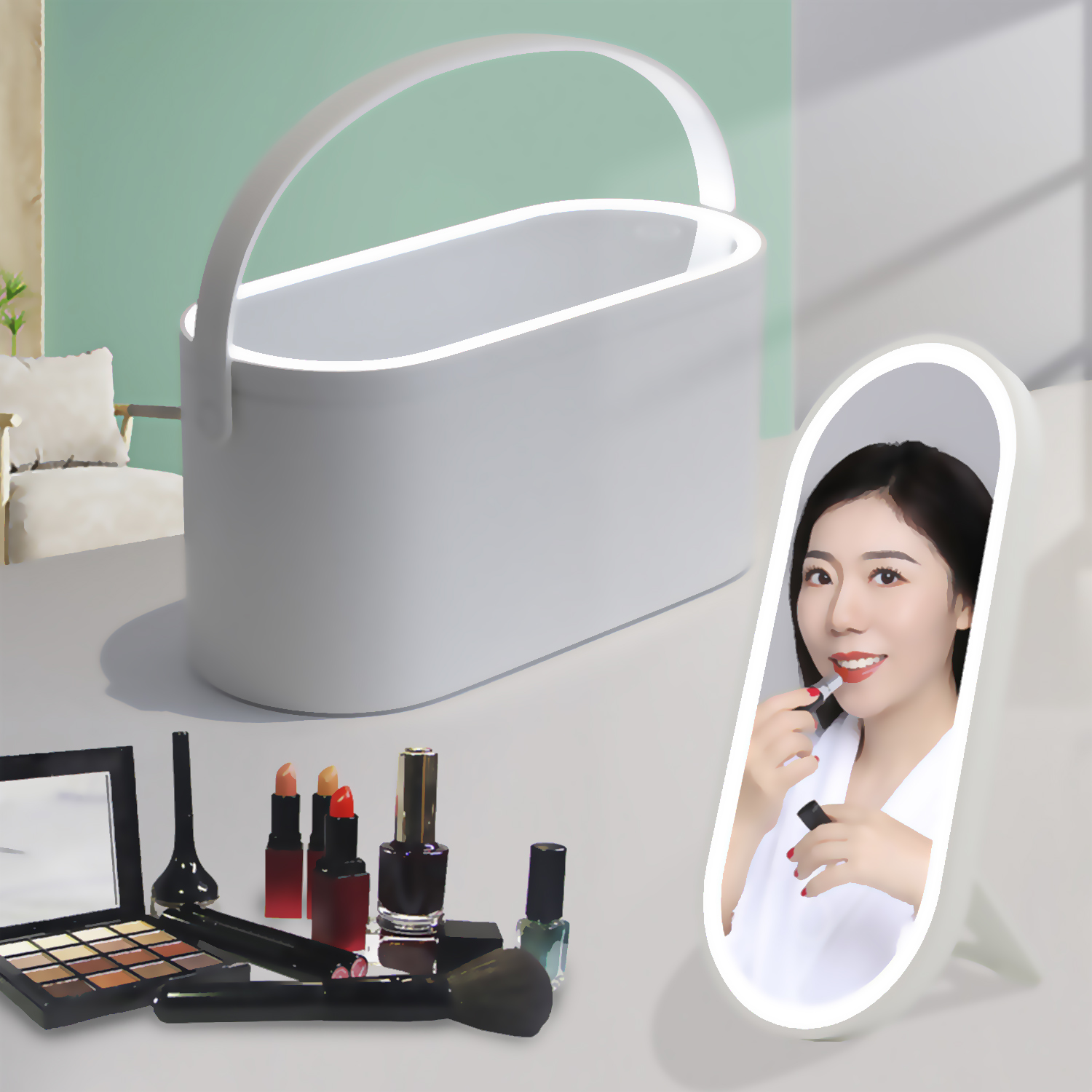 Mujer aplicando lápiz labial en espejo iluminado. Maquillaje y un contenedor de cosméticos blanco.