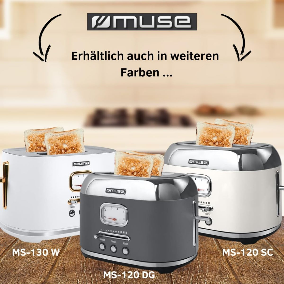 Trzy tostery w rzędzie, różne kolory. Tosty są widoczne w tosterach.