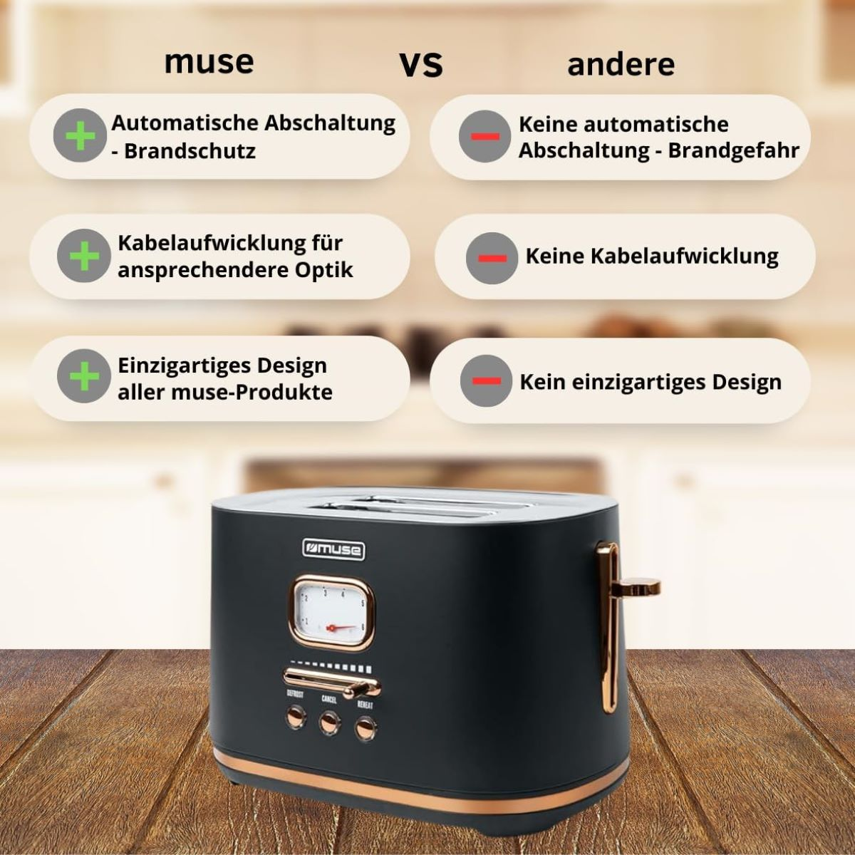 Czarny toster z tabelą porównawczą, która pokazuje jego funkcje w porównaniu do innych.