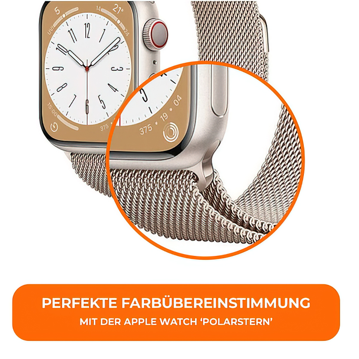 Nahaufnahme einer Smartwatch mit Metallarmband, mit Text: Perfekte Farbabstimmung.