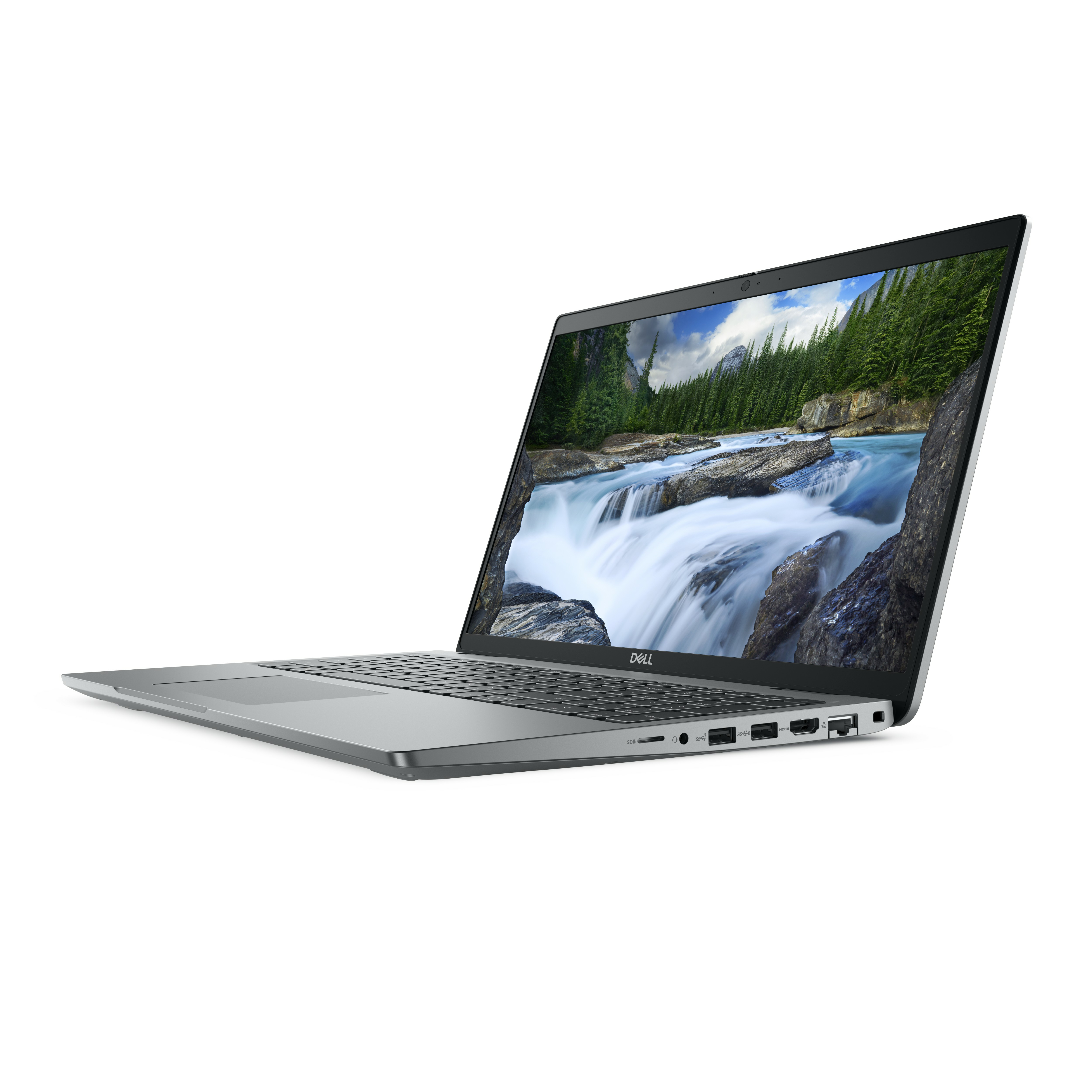 Un laptop argentato con schermo aperto, che mostra una scena di cascata. Sfondo bianco.