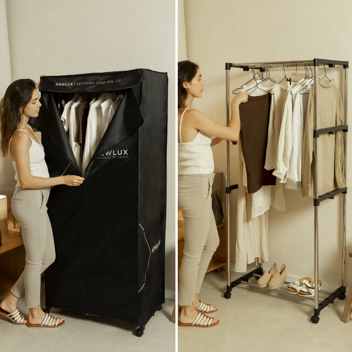 Dos imágenes que muestran a una mujer usando un armario negro y una percha con prendas. Ropa blanca y negra.
