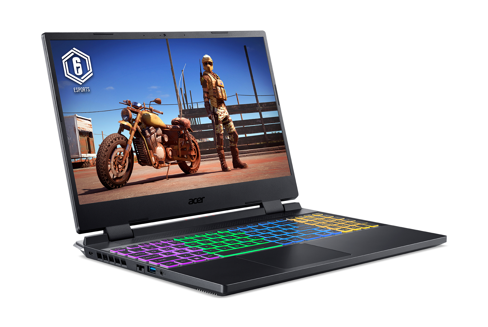 Ein schwarzer Acer-Laptop, der eine Videospielszene anzeigt. Die Tastatur hat farbenfrohe Tasten mit Hintergrundbeleuchtung.