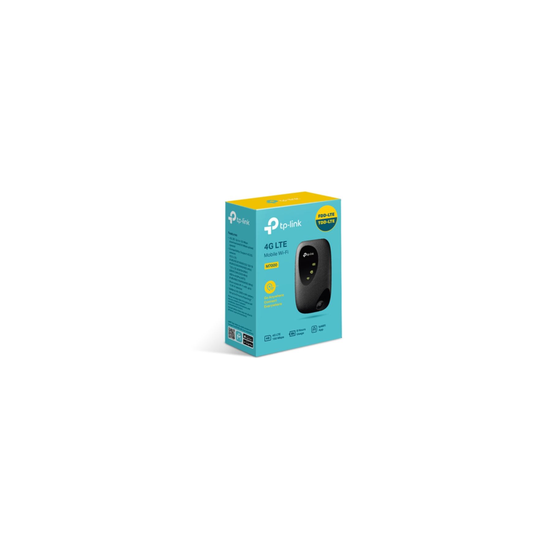 Een TP-Link 4G LTE Mobile WiFi router in de doos, op een witte ondergrond.