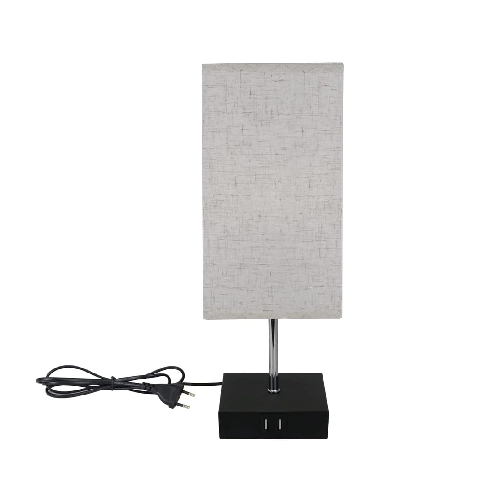 Prostokątna lampa z szarym abażurem. Czarna podstawa z portami USB. Czarny przewód.