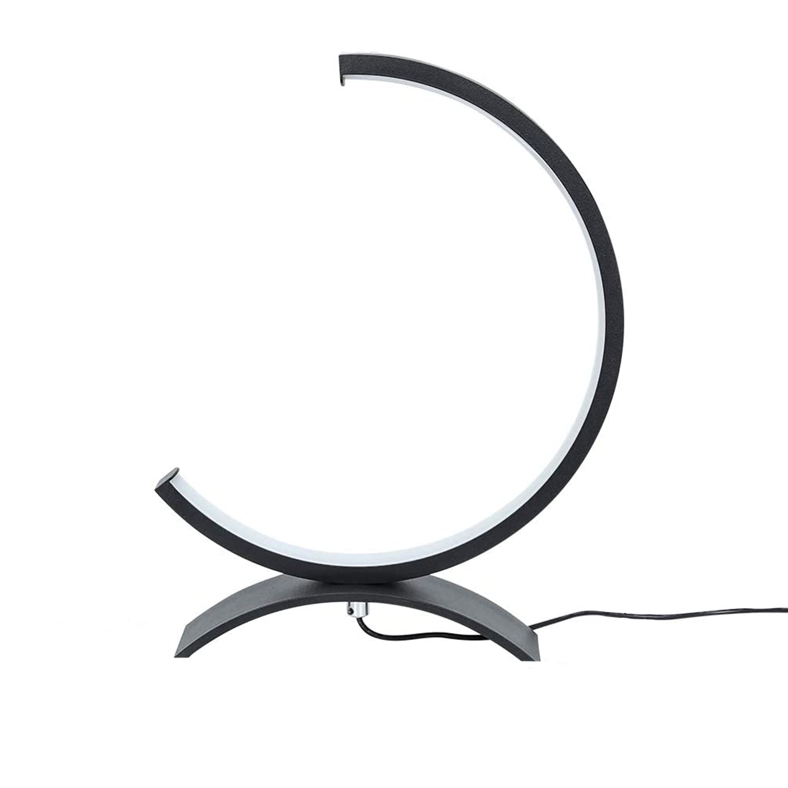 Czarna zakrzywiona lampa. Lampa na białym tle. Kształt półksiężyca.