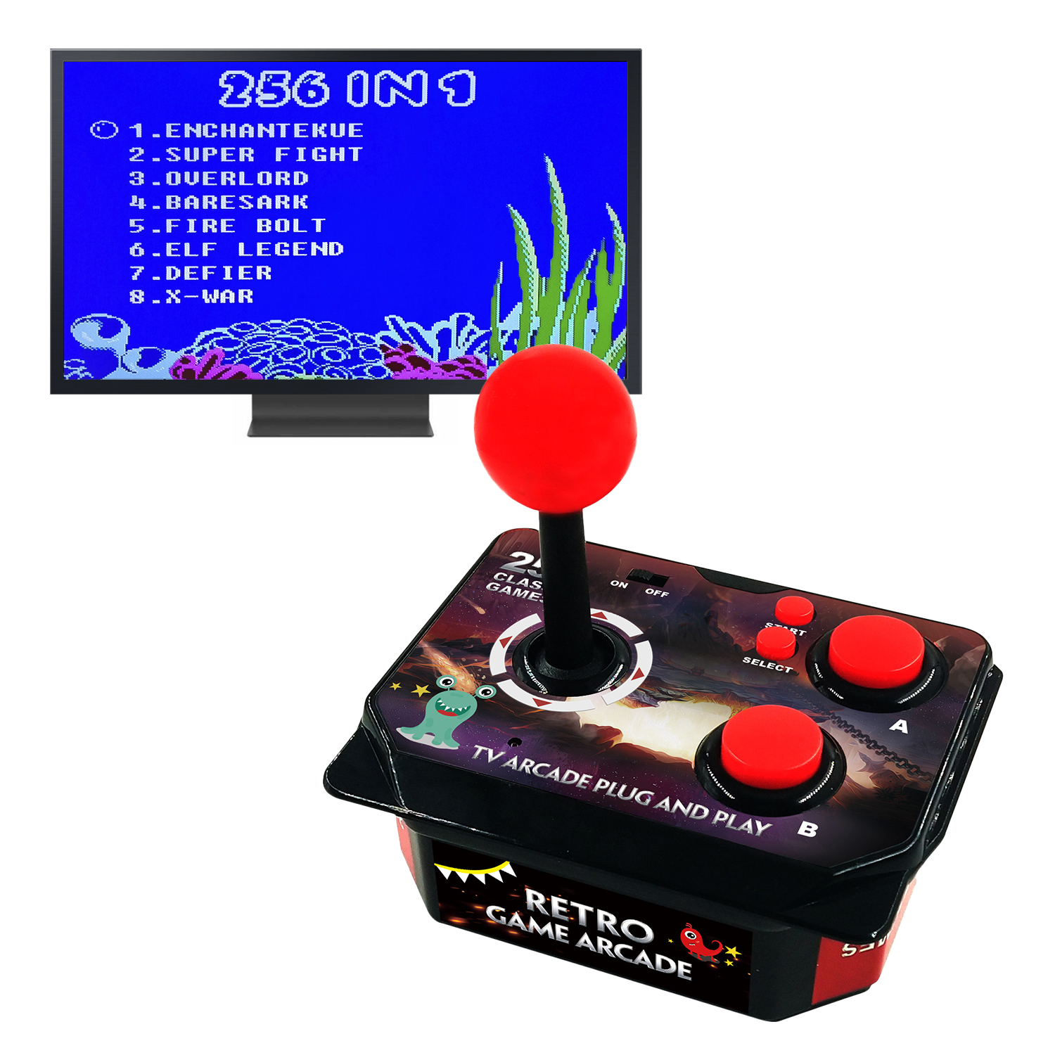 Console di gioco arcade retrò con joystick e pulsanti rossi e uno schermo TV.
